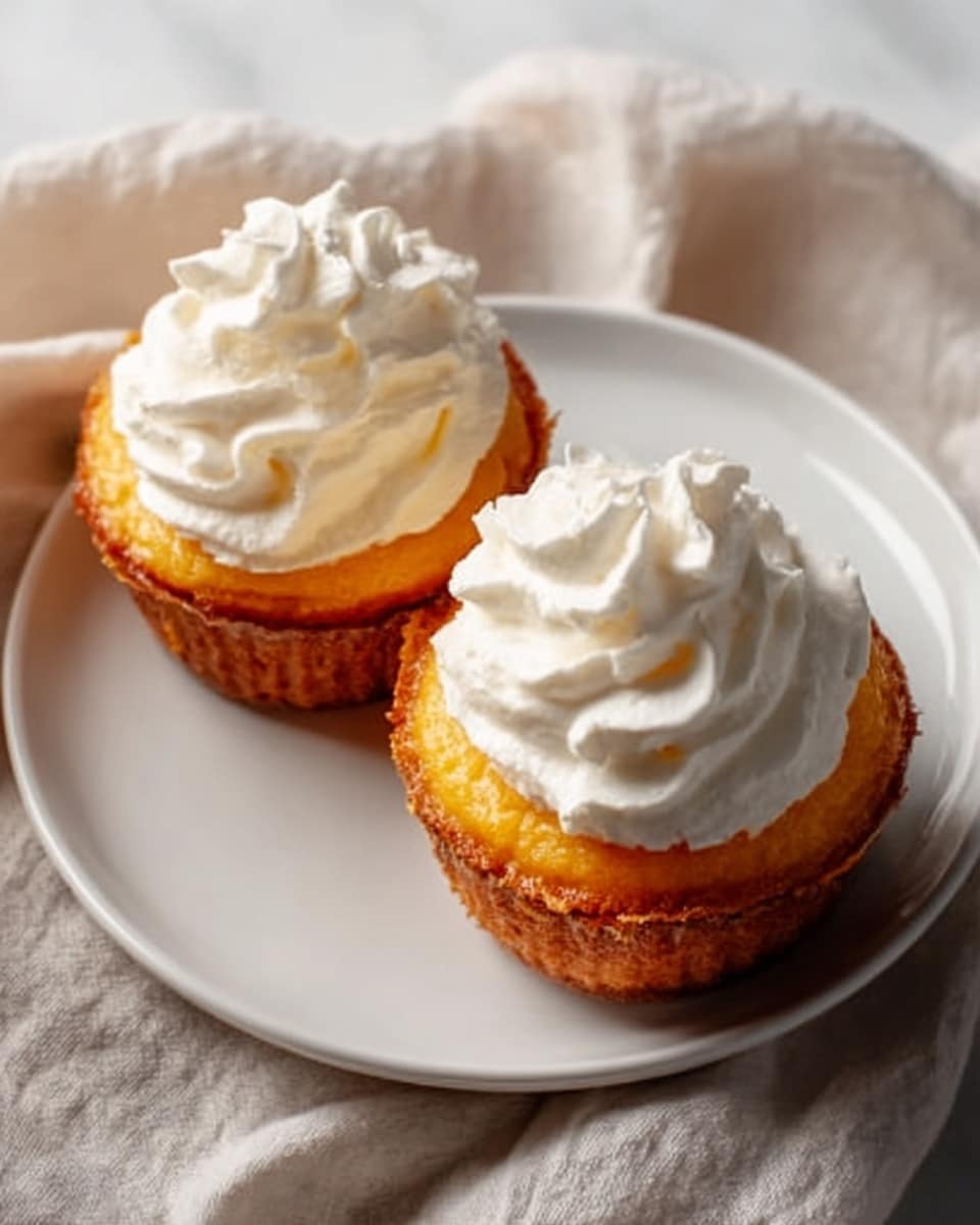 Two small round tarts sit side by side on a white plate, placed on a white marbled surface. Each tart has a golden-brown crust that looks crisp and slightly crumbly. On top, there is a thick layer of smooth, orange-colored filling, likely pumpkin or sweet potato. A generous swirl of white whipped cream sits neatly on each tart, forming soft peaks and adding a fluffy texture contrast. The scene is softly lit, highlighting the creamy top and the warm crust color. Photo taken with an iphone --ar 4:5 --v 7