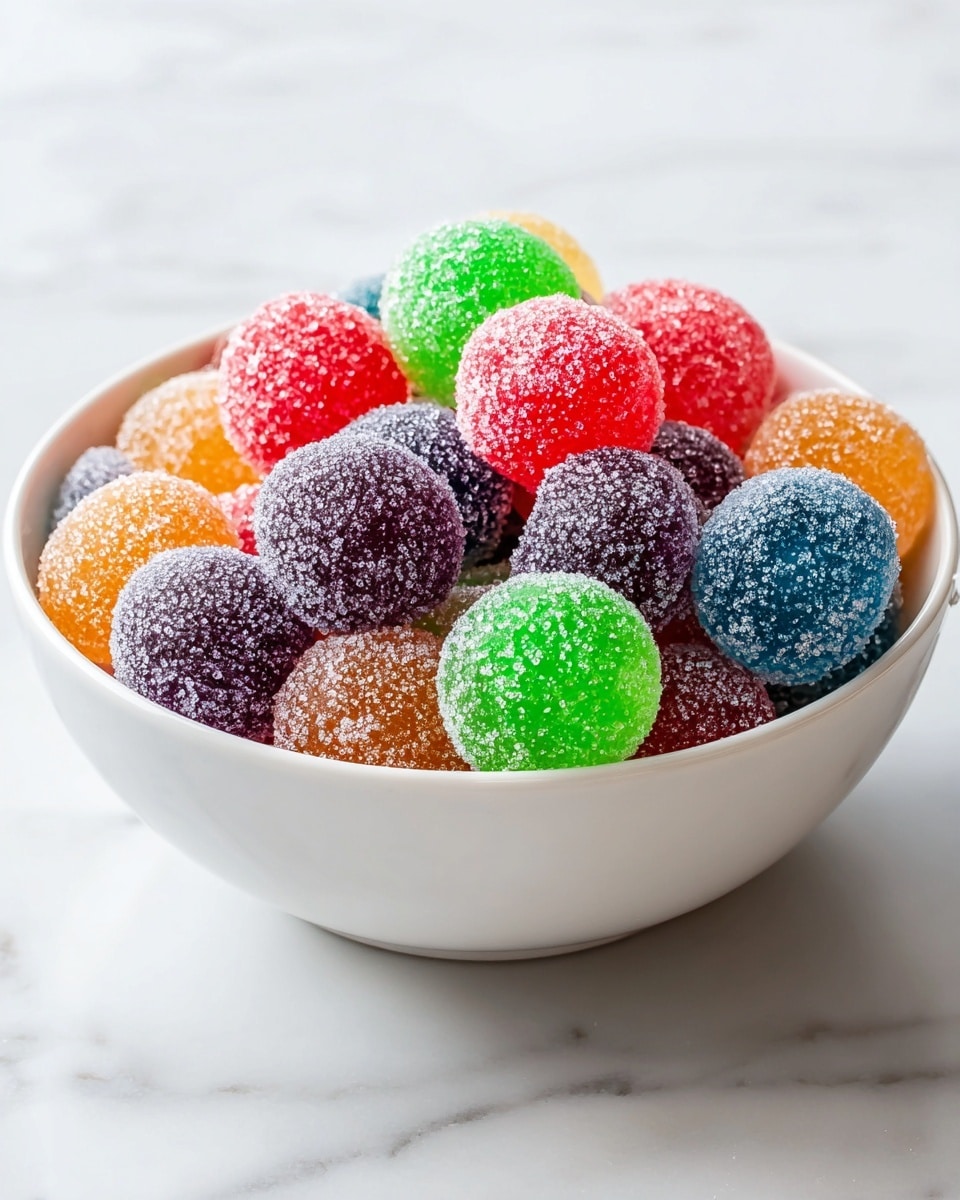 A white bowl with a slightly textured surface is filled to the top with round, colorful gumdrops. The gumdrops come in bright shades of red, green, orange, blue, and purple, each covered in a sparkling layer of granulated sugar that gives them a frosted look. The gumdrops are piled in a loose mound inside the bowl, showing a mix of colors evenly spread throughout. The bowl sits on a white marbled surface, with soft natural light highlighting the sugar crystals on the gumdrops, creating a fresh and inviting appearance. photo taken with an iphone --ar 4:5 --v 7
