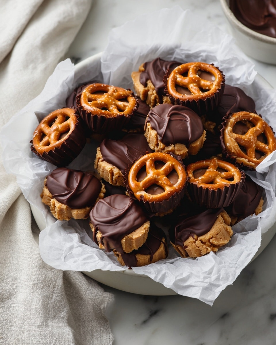 A white bowl lined with crumpled white parchment paper holds multiple small, round treats. Each treat has two layers: the base layer is a rough-textured, light brown peanut butter filling, and the top layer is a golden brown pretzel in a twisted knot shape. Half of each treat is dipped in smooth, dark chocolate with a shiny finish, creating a rich contrast against the pretzels. The bowl sits on a white marbled surface with a soft white cloth nearby. Photo taken with an iphone --ar 4:5 --v 7