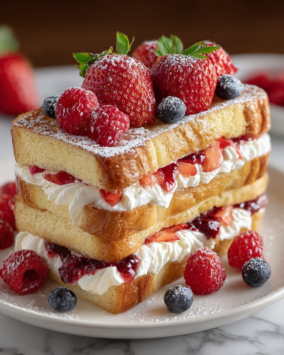 Three thick rectangular layers of golden-brown toasted bread are stacked, each sandwiching a creamy white layer of whipped cream and a deep red berry jam with visible chunks of strawberries; the top bread layers are dusted with powdered sugar and decorated with fresh red raspberries, strawberries with green leaves, and dark blue blueberries. Extra raspberries and blueberries are scattered on the white plate around the sandwiches. The plate rests on a white marbled background. photo taken with an iphone --ar 4:5 --v 7
