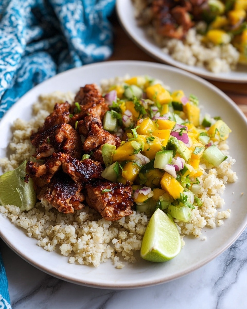 A white plate holds three main layers of food set on a white marbled surface; the bottom layer is light beige cooked cauliflower rice with a soft, crumbly texture that fills the plate, the middle layer consists of dark brown glazed grilled chicken pieces arranged in a small pile on one side, and the top layer is a colorful mix of chunky salsa made of yellow mango, green avocado, diced cucumber, and small red onion pieces, scattered over the chicken. A wedge of lime with bright green skin and pale green inside rests on the side of the plate. In the background, part of another white plate with more cauliflower rice is visible next to a blue and white patterned cloth. photo taken with an iphone --ar 4:5 --v 7