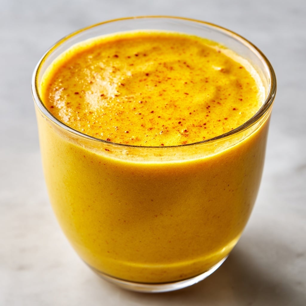 A close-up of a clear round glass filled to the top with a thick, bright yellow turmeric smoothie that has a smooth and slightly frothy texture on the surface, sitting on a white marbled background. The smoothie shows tiny specks of darker turmeric throughout, and the glass reflects soft light, highlighting its rounded shape and the vivid yellow-orange color of the drink inside. photo taken with an iphone --ar 4:5 --v 7