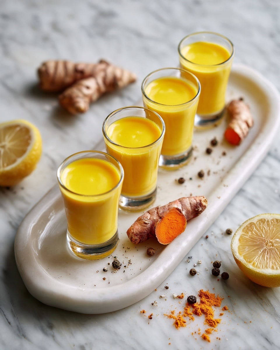 The image shows a long white oval plate placed on a white marbled surface, holding four small clear shot glasses filled with a smooth, bright yellow liquid, arranged evenly in a line from front to back. Alongside the glasses, there are two pieces of fresh turmeric root with rough brown skin and vibrant orange inside, positioned near the front and middle of the plate. The white marbled surface around the plate has scattered dark ground spices and a halved lemon with visible texture and seeds on the right side, adding a fresh and natural feel to the scene. photo taken with an iphone --ar 4:5 --v 7
