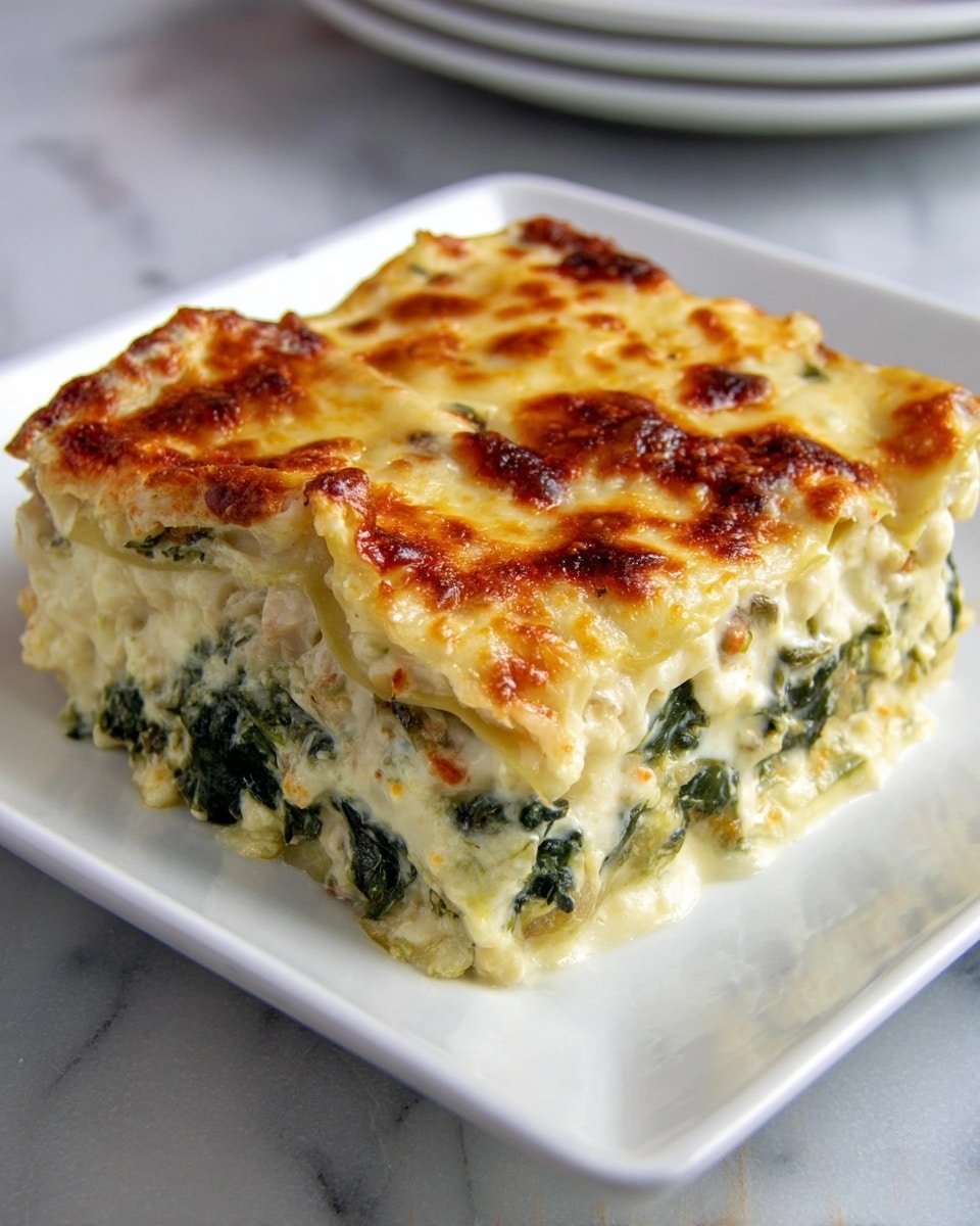 A thick square piece of spinach and cheese lasagna sits on a white square plate. The top layer is golden-brown melted cheese, bubbly and slightly crispy at the edges. Beneath, you can see creamy white sauce with bits of dark green spinach visible through the soft, yellow pasta layers. The layers alternate between pasta, spinach mixed with creamy cheese, and sauce, showing a dense and rich texture. The plate rests on a white marbled surface with part of another white plate blurred in the background. Photo taken with an iphone --ar 4:5 --v 7