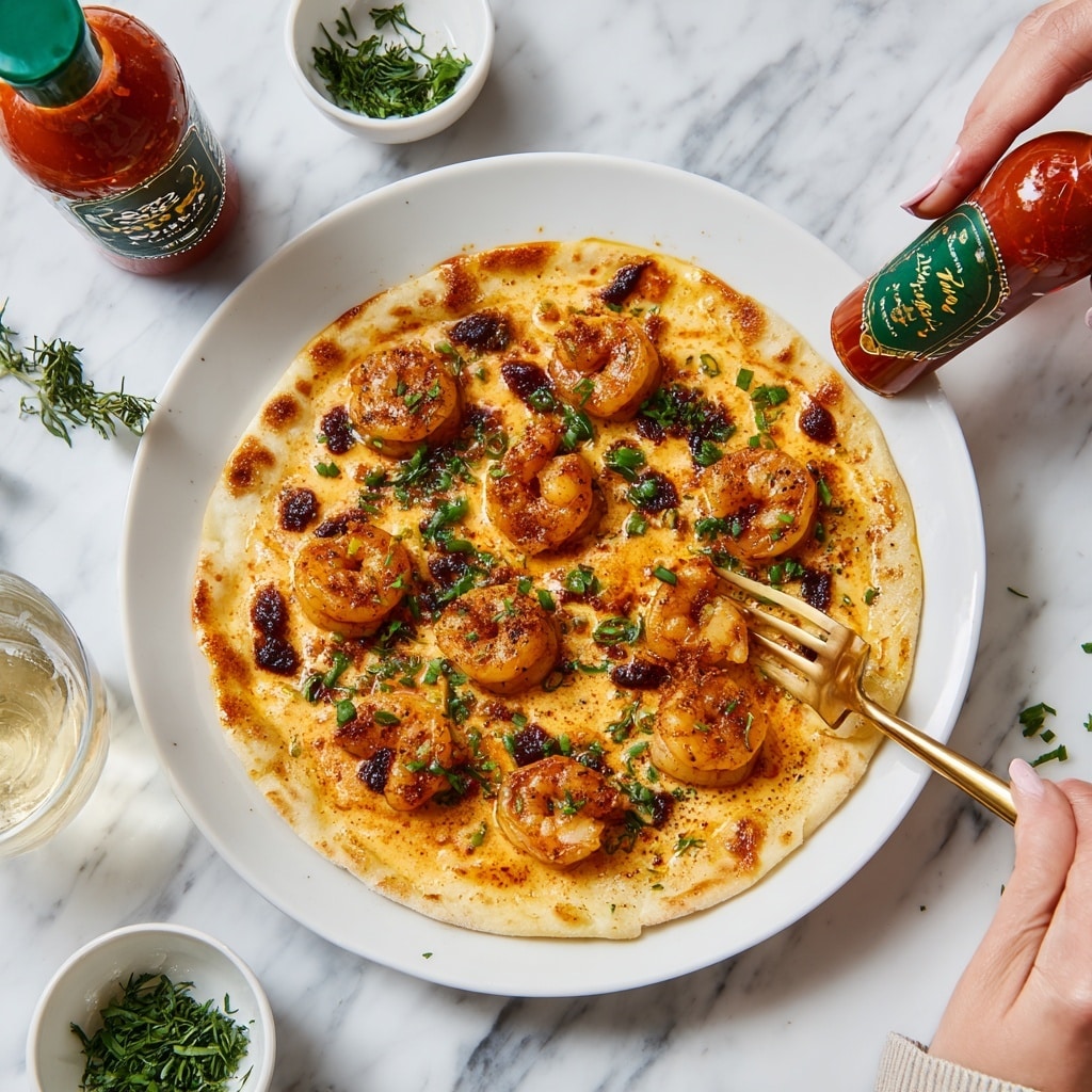 This image shows a white bowl filled with two layers: the bottom layer is light beige creamy grits with a smooth texture, and on top is a thick orange sauce with several shrimp, bits of dark bacon or sausage, and small chopped green onions scattered on it. A woman's hand with coral nail polish holds a gold fork that is picking up some shrimp from the bowl. The bowl sits on a white marbled surface, near a small white square dish holding chopped green onions, an open bottle of hot sauce, a small open jar, and an orange napkin to the right. Part of a pan with the same orange shrimp sauce is visible at the top left corner. photo taken with an iphone --ar 4:5 --v 7