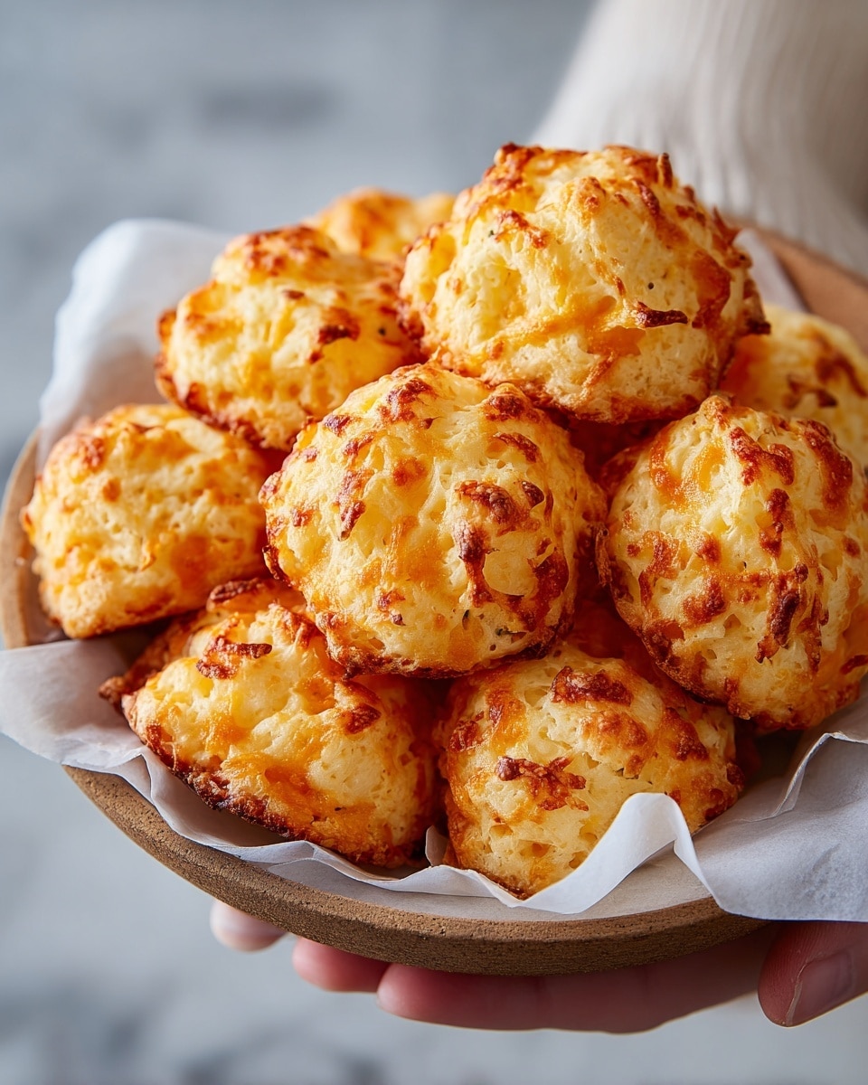 A close-up view of a round bowl lined with white parchment paper holding a pile of golden-brown cheese puffs. Each puff is roughly the size of a golf ball, with a crisp, bubbly outer layer showing uneven textures and browned spots, mixed with bits of melted cheese peeking through. The colors range from light yellow to rich orange, highlighting the cheesy, baked surface. A woman's hand is gently holding the bowl from the side against a soft, blurred white marbled background. photo taken with an iphone --ar 4:5 --v 7