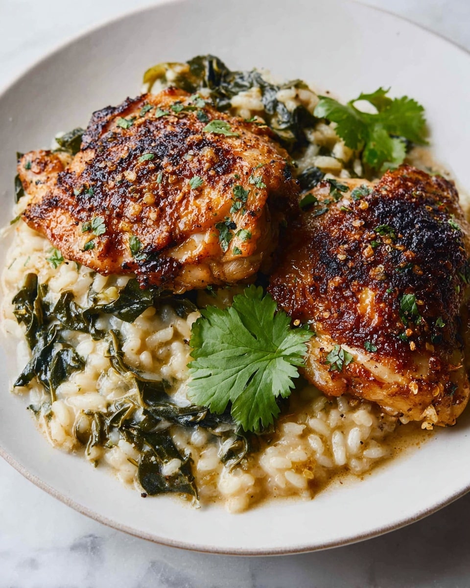 Two pieces of golden brown, crispy, and slightly charred chicken sit on the top half of a white plate, showing textured, spiced skin with hints of green herbs sprinkled on top. Beneath and beside the chicken, there is a creamy risotto-like layer of rice mixed with wilted dark green leafy vegetables, glossy and soft with visible black pepper flakes. A few fresh cilantro leaves rest on the rice and chicken, adding a touch of bright green color. The plate is placed on a white marbled surface. photo taken with an iphone --ar 4:5 --v 7