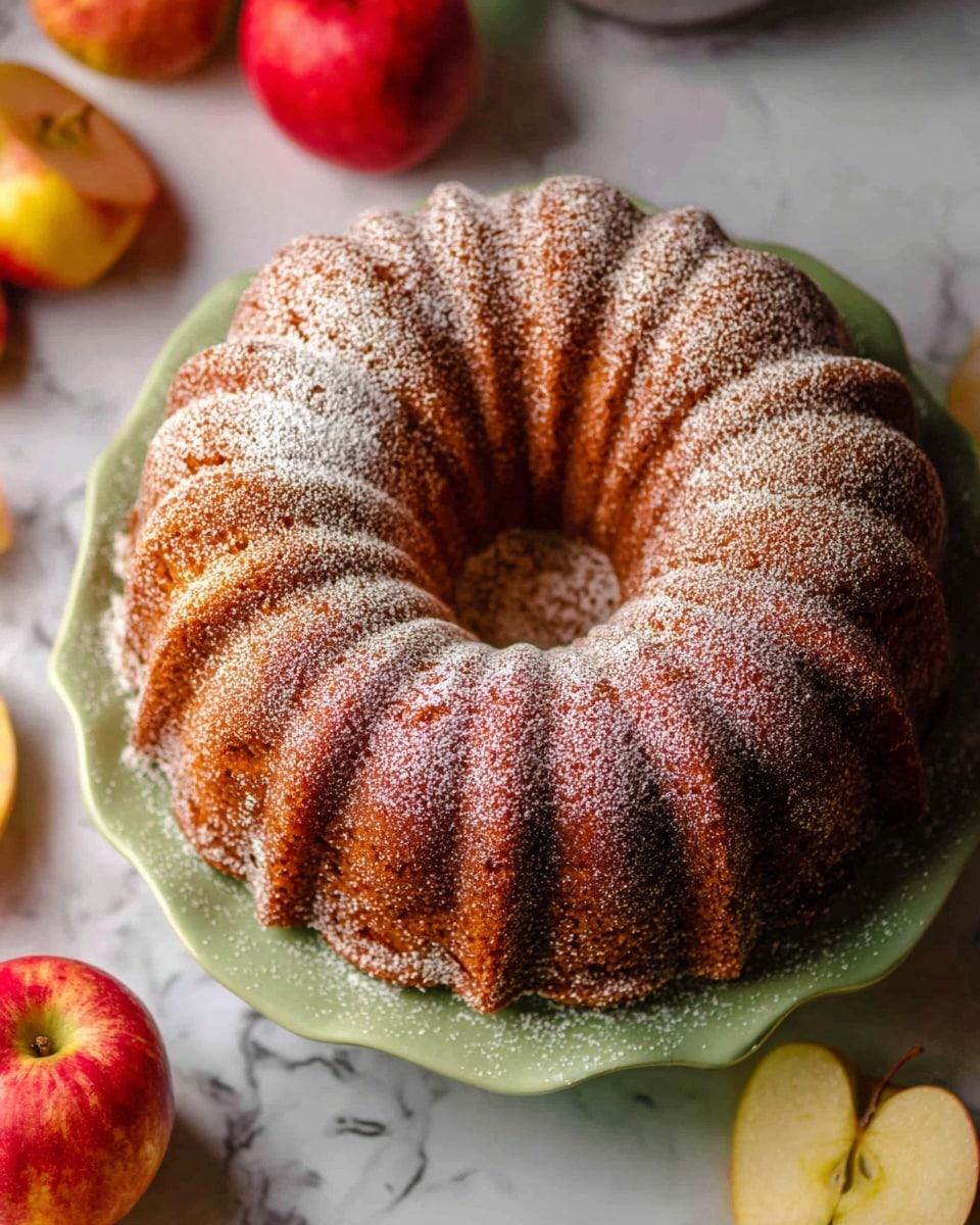 A bundt cake with a rich golden-brown color and a slightly crisp texture stands on a white plate, shaped with deep flutes that create a patterned ring form with a hollow center. The cake is evenly dusted with a light layer of powdered sugar, highlighting the ridges and curves. Surrounding the plate are fresh red apples, adding a pop of natural color against the white marbled surface beneath, giving a warm and inviting look. photo taken with an iphone --ar 4:5 --v 7