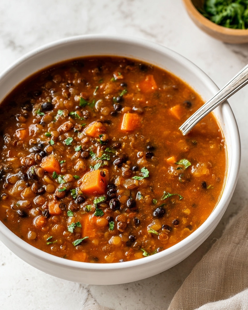 A white bowl filled with thick soup showing multiple layers: a brownish-red broth with visible small pieces of diced orange carrots, dark black beans, small lentils, and bits of green herbs scattered on top and mixed throughout; the surface has a slightly glossy texture with small chunks and a spoon resting on the right side inside the bowl. The bowl sits on a white marbled texture surface with a beige cloth partially visible near the bottom edge. Photo taken with an iphone --ar 4:5 --v 7
