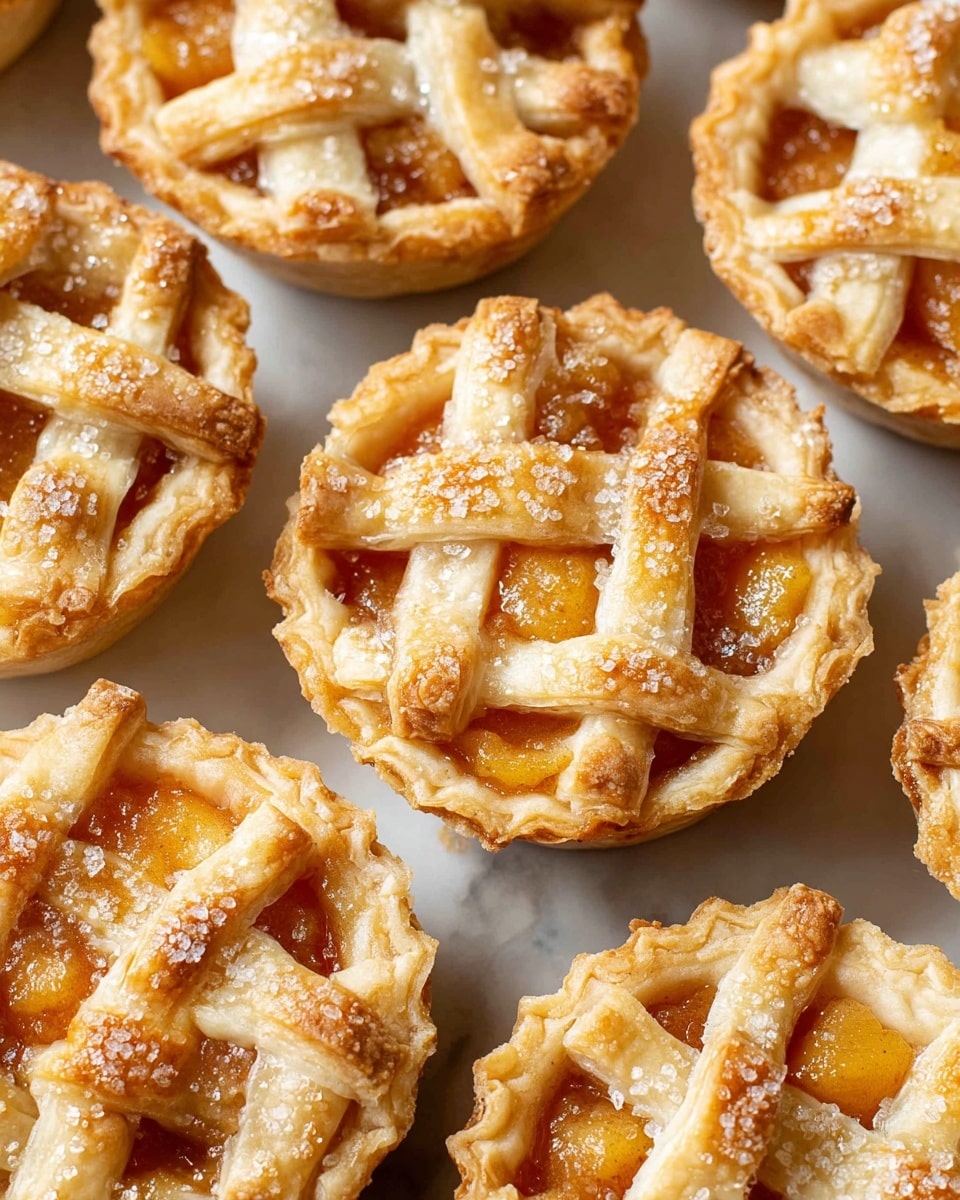 The image shows several small round pies arranged close together on a white marbled surface. Each pie has a golden brown crust and is topped with a lattice pattern made from strips of dough, lightly sprinkled with coarse sugar crystals. Below the lattice, there is an amber-colored filling that looks soft and gooey, likely a fruit filling. The pies have slightly raised edges holding the filling securely inside. The texture of the crust appears flaky and crisp with some browning on the tips of the lattice strips. Photo taken with an iphone --ar 4:5 --v 7