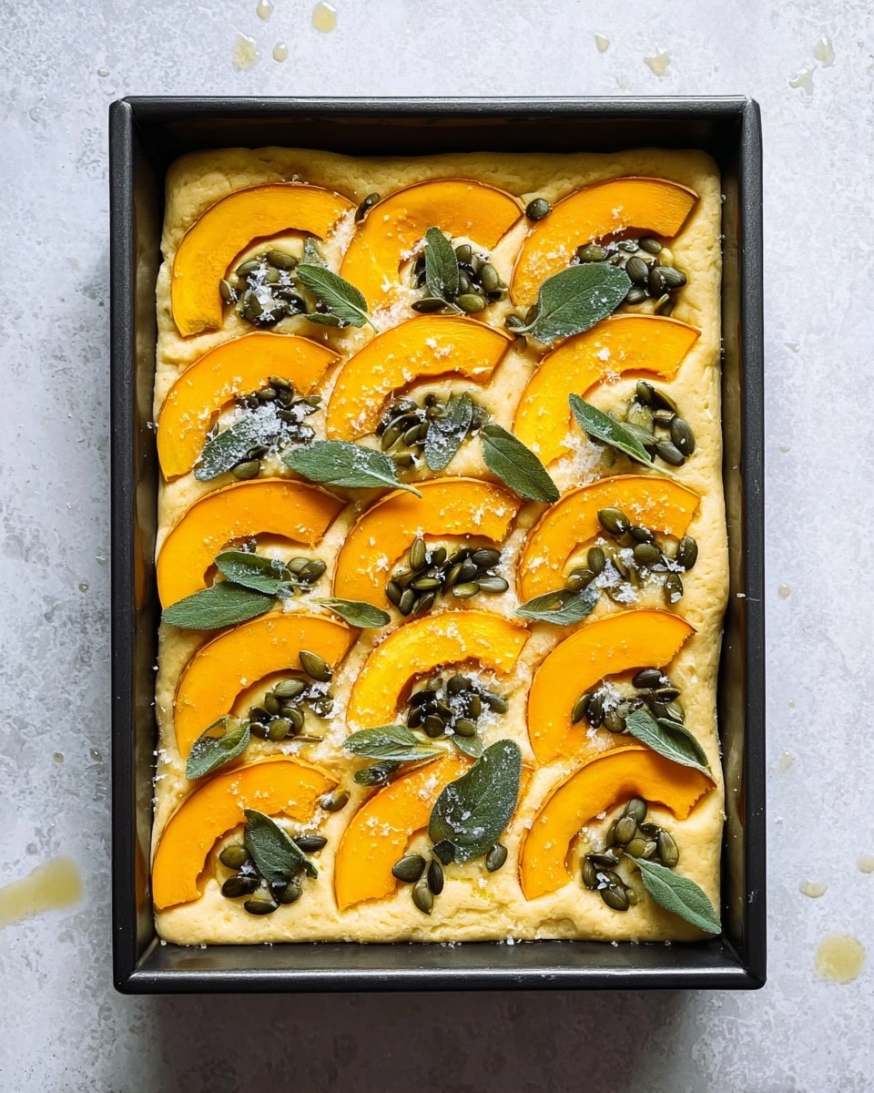 A rectangular black baking pan filled with a thick, pale yellow dough layer topped with evenly spaced bright orange pumpkin slices, each curved slice paired with a small mound of dark green pumpkin seeds on its inside curve; fresh green sage leaves are scattered across the top, along with a sprinkling of coarse white salt crystals, all set on a white marbled surface. photo taken with an iphone --ar 4:5 --v 7
