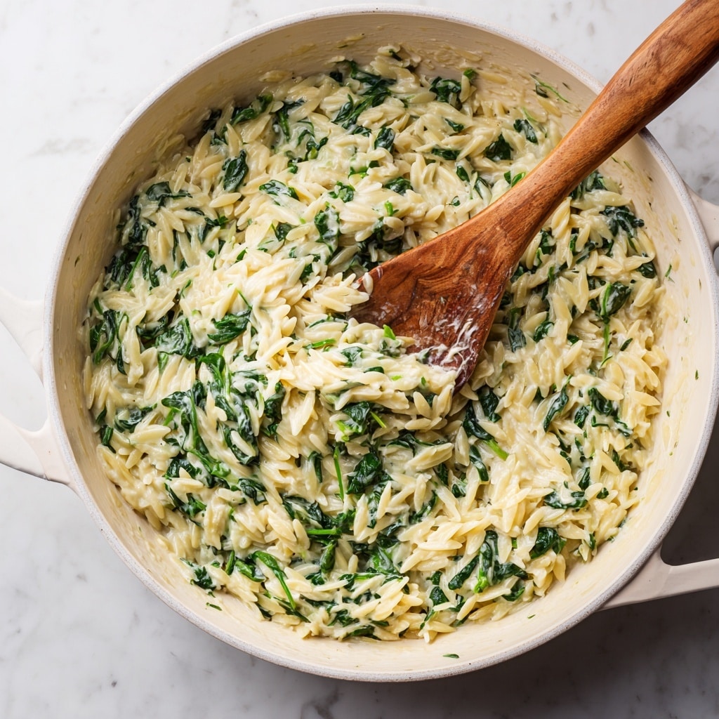 A close-up view of a bowl filled with creamy pasta mixed with spinach, showing small pasta pieces coated in a smooth, light beige sauce with visible black pepper specks. Bright green spinach leaves are scattered evenly throughout the dish, adding a fresh contrast to the creamy texture. The bowl is white and sits on a white marbled surface. photo taken with an iphone --ar 4:5 --v 7