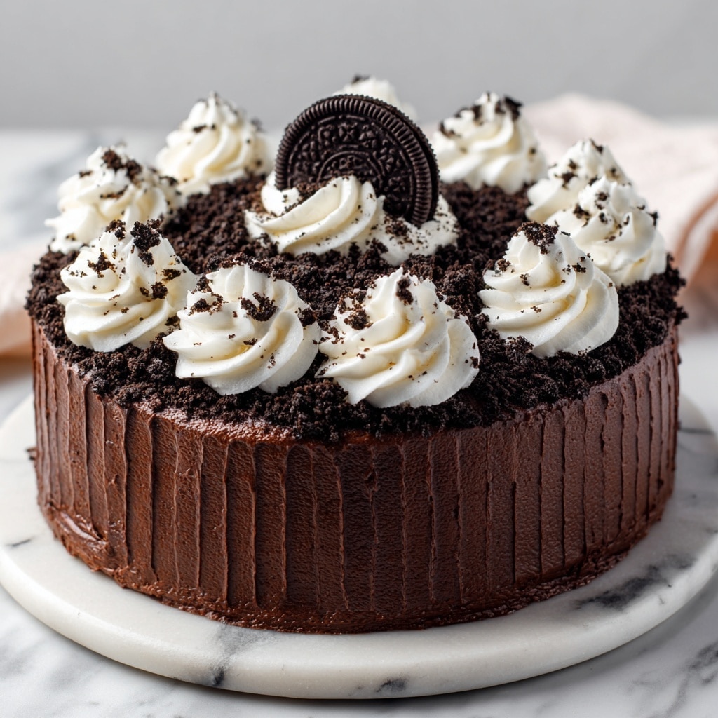 A round chocolate cake sits on a white marbled surface, covered with a thick layer of dark chocolate frosting. On top, there is a dense sprinkling of crushed Oreo cookie pieces forming a rough textured, almost black layer. Around the edges of the top, eight dollops of white whipped cream are evenly spaced, each with a ruffled texture. In the center, there is one larger dollop of whipped cream topped with half an Oreo cookie standing upright. The sides of the cake are coated with smooth chocolate frosting with vertical lines giving a slightly ribbed effect. Photo taken with an iphone --ar 4:5 --v 7