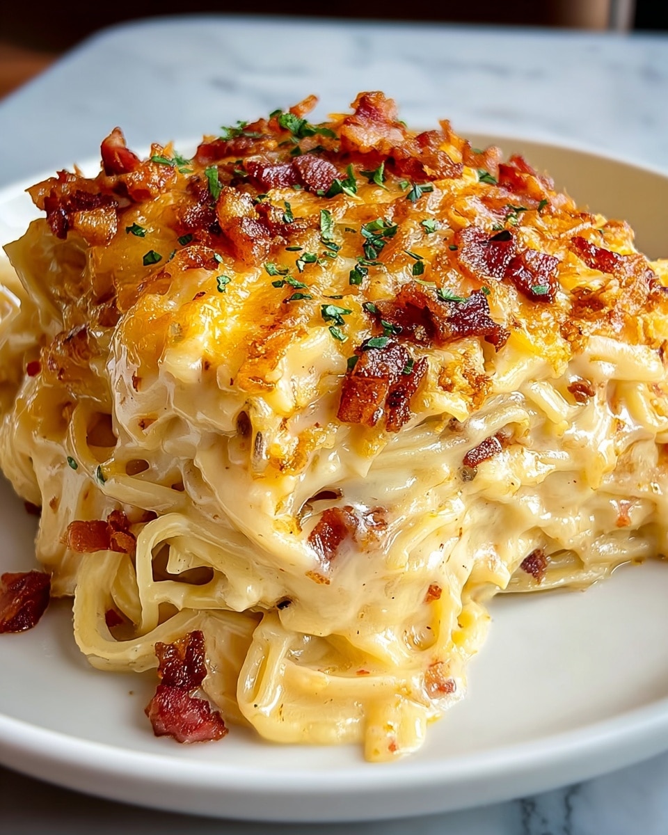 The image shows a close-up of a layered pasta dish served on a white plate with a white marbled texture surface. The dish has at least three visible layers of spaghetti intertwined with creamy, melted cheese sauce that is light yellow-orange in color. The top layer is richly covered in more melted cheese, browned and slightly crispy bits, and garnished with small green herb pieces. There are also small chunks of reddish-brown bacon or meat scattered across the top, adding texture and color contrast. The overall look is gooey, creamy, and richly textured, with a golden-brown finish on the top layer, inviting and hearty. photo taken with an iphone --ar 4:5 --v 7