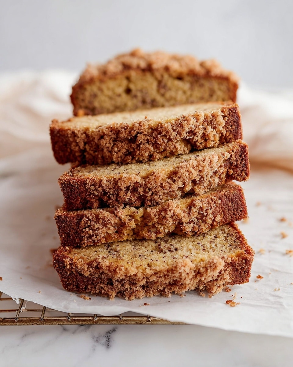 Four slices of brown banana bread with a crumbly, light brown streusel topping are stacked slightly leaning against each other on a piece of white parchment paper over a wire rack. The texture of the bread is soft and moist with small dark specks throughout, showing the banana and nut bits. The background has a soft white cloth and a white marbled surface under the rack. Photo taken with an iphone --ar 4:5 --v 7