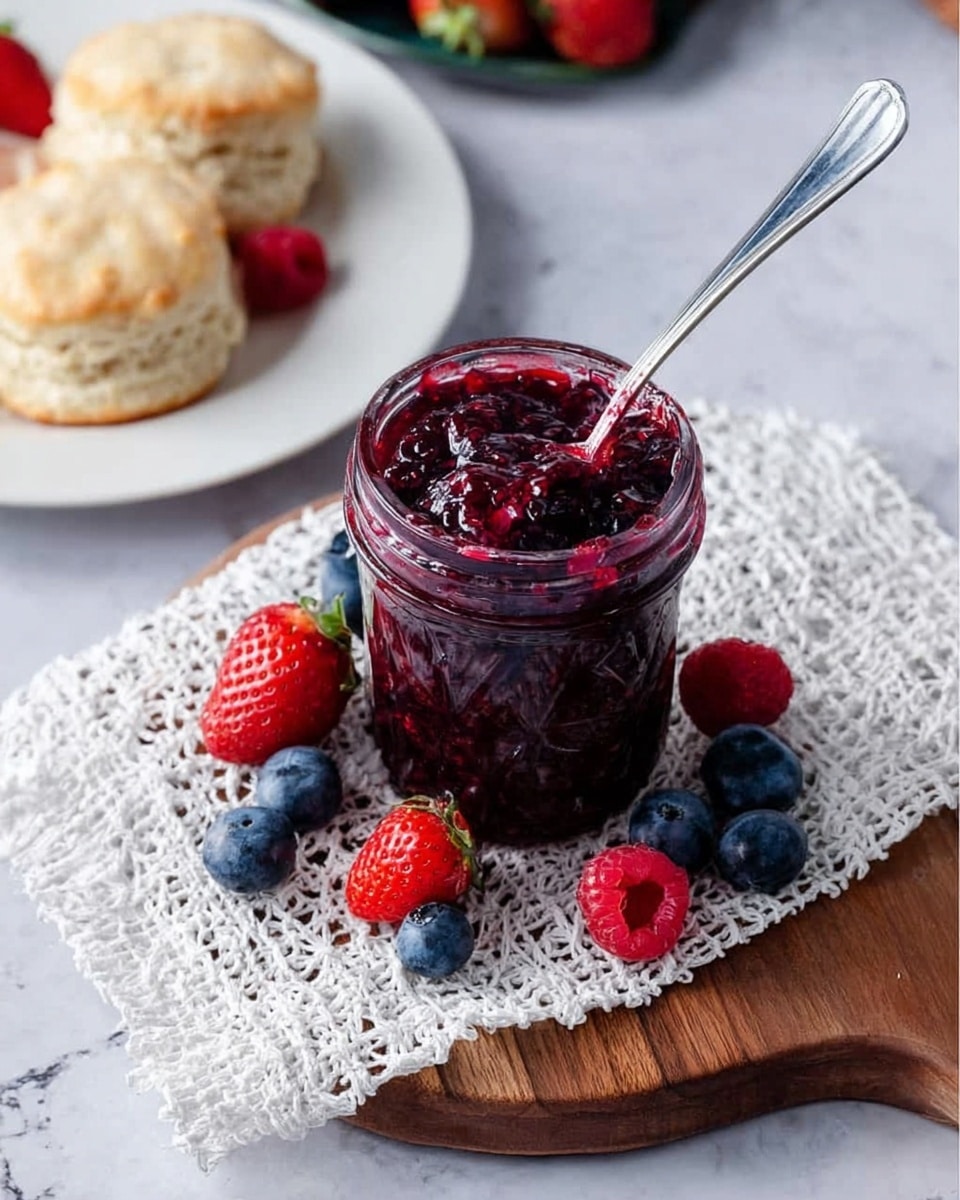 A small clear jar filled with dark purple mixed berry jam, the jam texture thick and slightly chunky with visible bits of fruit, a silver teaspoon sticks out from the top holding a small spoonful of jam. The jar has a faint diamond pattern and is decorated with a thin red and white string tied around its neck. The jar sits on a white textured cloth placed over a wooden board against a white marbled surface. Around the jar, a few fresh berries like strawberries, blueberries, and raspberries are scattered. Photo taken with an iphone --ar 4:5 --v 7
