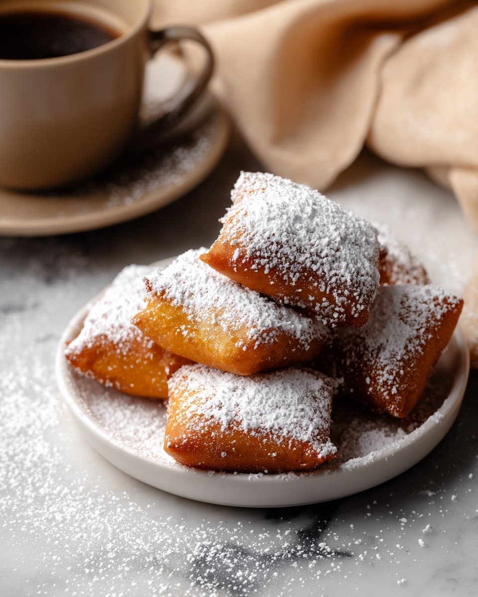 A close-up of three square fried pastries stacked on top of each other, each one golden brown with a soft, crispy texture. The pastries are dusted generously with white powdered sugar, which also lightly decorates the surrounding area. They rest on a piece of crumpled parchment paper and are placed on a dark surface with a white marbled texture blurred in the background. In the top left corner, a white ramekin filled with more powdered sugar is partially visible. The overall scene feels warm and inviting, focused on the rich texture and powdered sugar highlight. Photo taken with an iphone --ar 4:5 --v 7