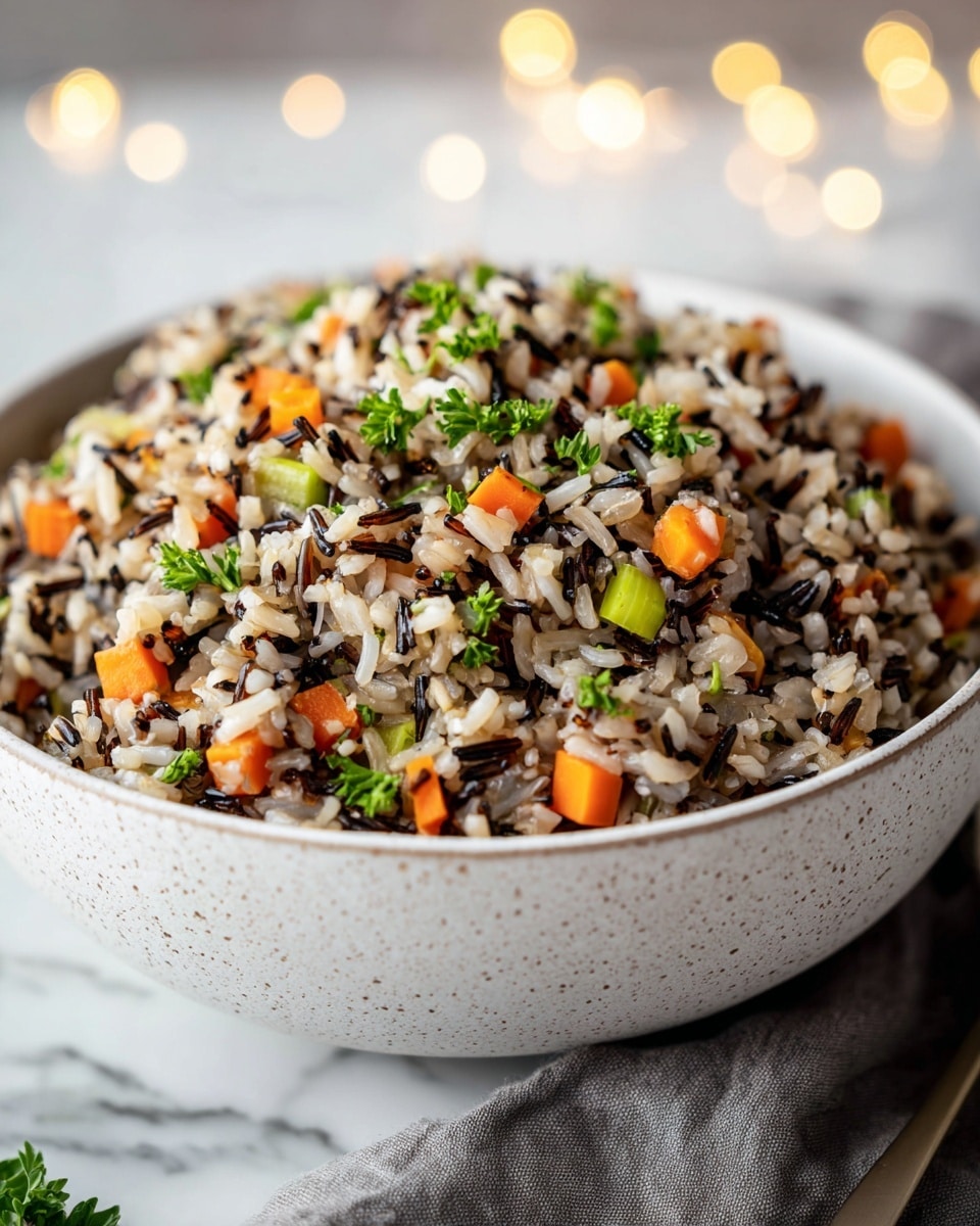 A white speckled bowl filled with mixed rice layers, including white and wild rice grains, showing a mix of black and light beige colors. Scattered throughout are small, evenly cut cubes of orange carrot and light green celery, adding bright pops of color to the dish. Fresh green parsley pieces are sprinkled on top, giving a fresh texture against the rice and vegetables. The bowl sits on a soft grey cloth on a white marbled surface with soft blurred warm lights in the background, creating a cozy atmosphere. photo taken with an iphone --ar 4:5 --v 7