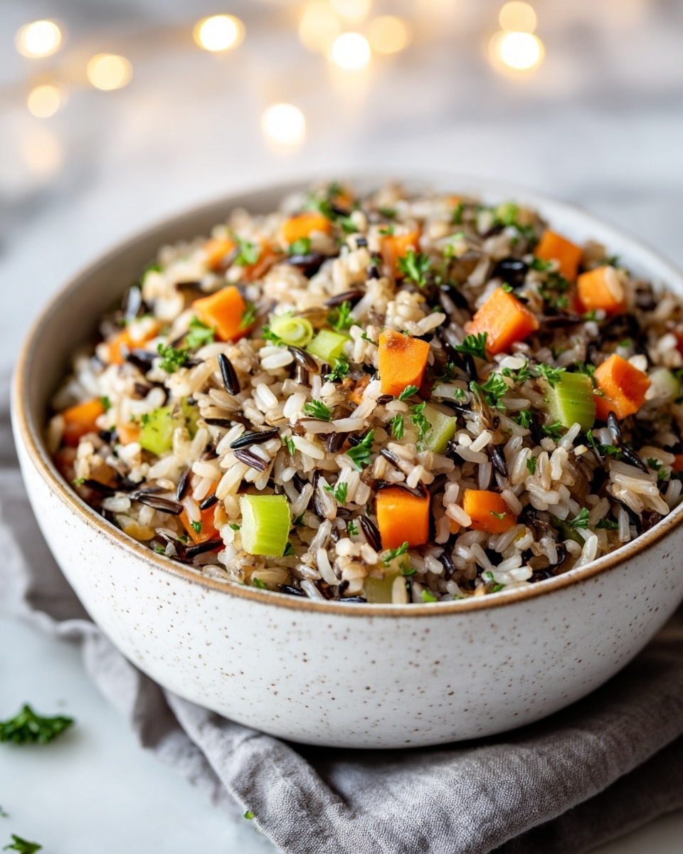 A close-up of a bowl filled with a colorful mix of cooked rice and diced vegetables. The dish has three main visual layers: the base of light brown and white rice grains, mixed evenly with black wild rice grains, giving a varied texture and color; scattered throughout are small cubes of bright orange carrots and green celery, adding a fresh, crunchy look; sprinkled on top are small pieces of green parsley leaves, giving a touch of freshness. The white bowl has a speckled design and sits on a soft grey cloth on a white marbled surface, with warm blurred lights in the background. photo taken with an iphone --ar 4:5 --v 7