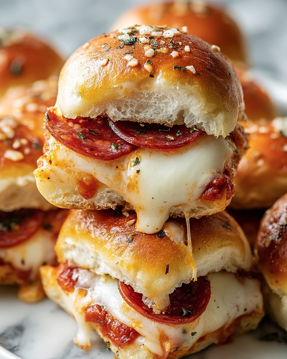 A close-up image shows a stack of small pizza sliders on a white marbled surface. Each slider is made of a soft, slightly golden bun with a shiny top sprinkled with small bits of herbs. Inside, there are two main layers: a layer of melted white cheese that is gooey and stretchy, topped with a few round slices of dark red pepperoni. Beneath the cheese and pepperoni is a rich, red marinara sauce that peeks out from the sides. The cheese is sprinkled with small green herb flakes and black pepper pieces, enhancing the visual appeal. The sliders are stacked in two layers, with one slider resting on top of another, showing the melting cheese and layered filling clearly. photo taken with an iphone --ar 4:5 --v 7