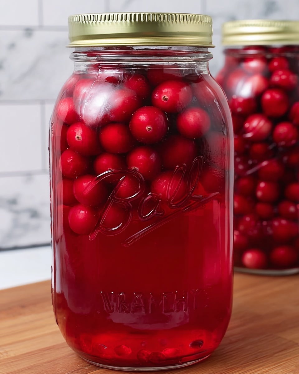 A large clear glass mason jar filled to the top with vibrant red cranberries sitting in clear red liquid. The jar has a golden metal lid and embossed text on the front. The cranberries are tightly packed, creating a rounded layer of small, smooth red spheres emerging through the glossy liquid, which fills the jar almost to the brim. The jar rests on a wooden surface with a white marbled textured background and another similar jar blurred in the background. photo taken with an iphone --ar 4:5 --v 7