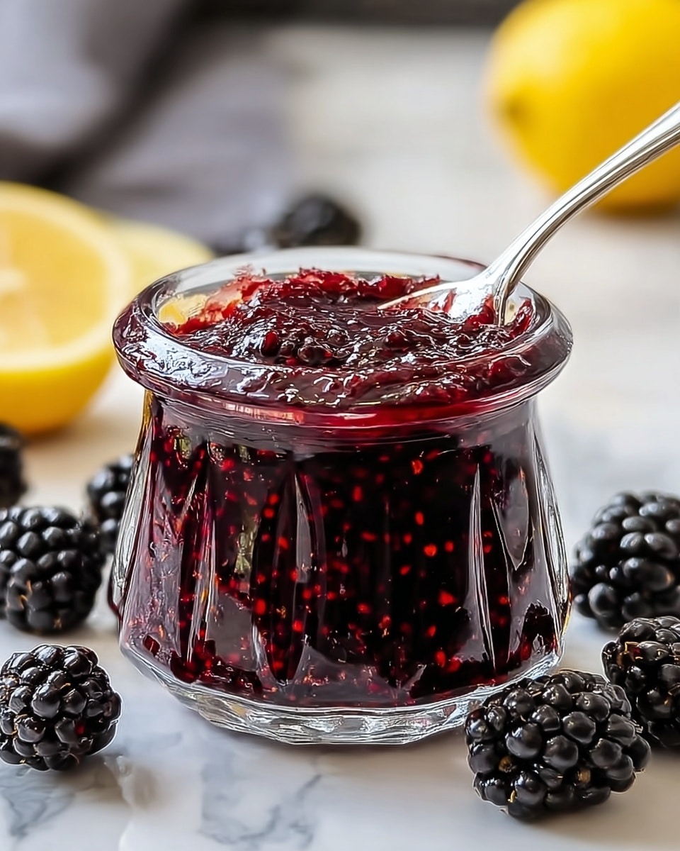 A small clear glass jar filled with deep red-black homemade blackberry jam, showing seeds and a shiny, thick texture on top; a silver spoon is dipped inside the jar. The jar sits on a white marbled surface with fresh shiny blackberries placed casually nearby, and a blurred yellow lemon half in the background. photo taken with an iphone --ar 4:5 --v 7