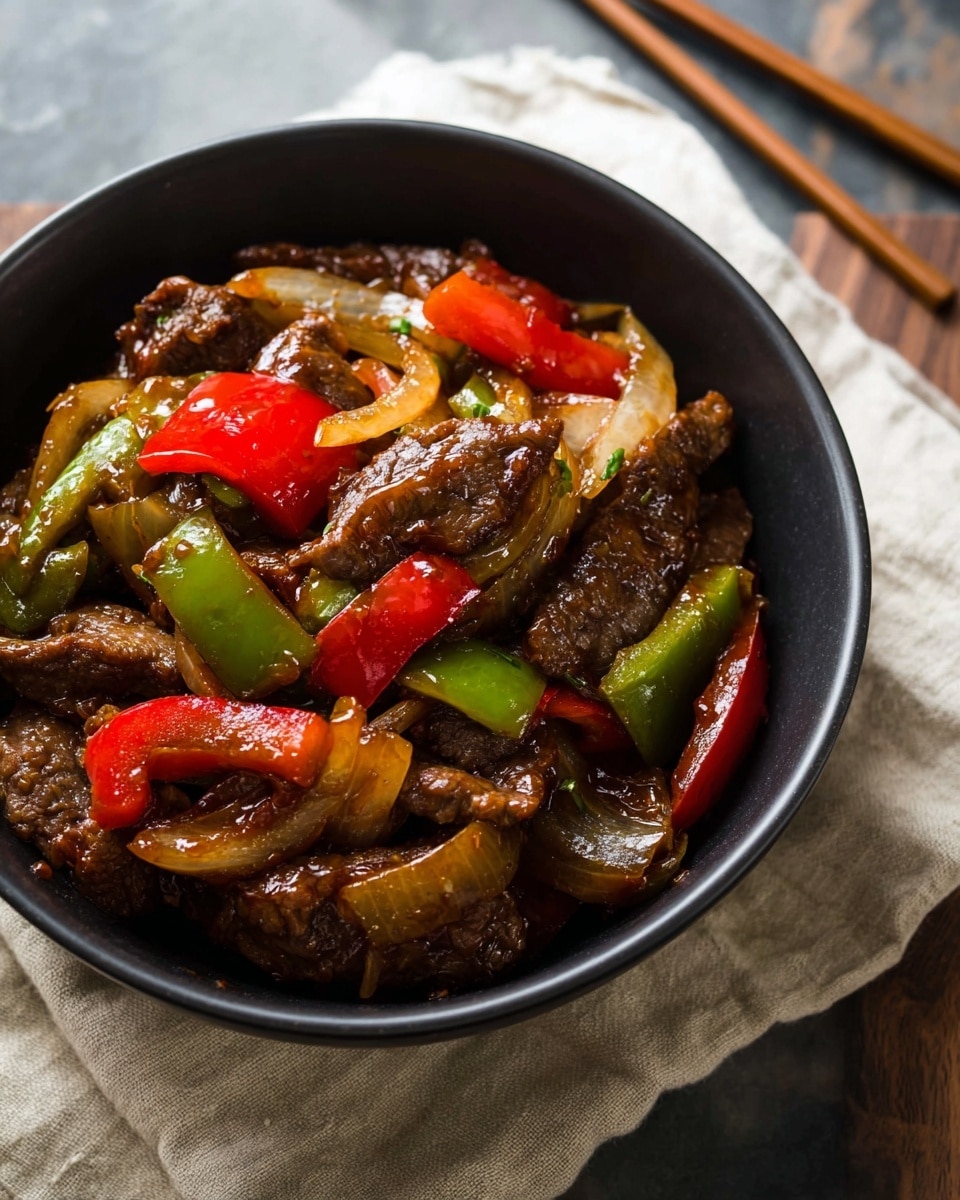 A black bowl filled with a colorful stir-fry consisting of roughly three layers: a glossy dark brown sauce coating the entire dish, tender brown slices of beef scattered throughout, and large chunks of red and green bell peppers along with thick, translucent onion slices mixed evenly. The dish rests on a beige cloth on a white marbled textured surface, with wooden chopsticks placed nearby. photo taken with an iphone --ar 4:5 --v 7