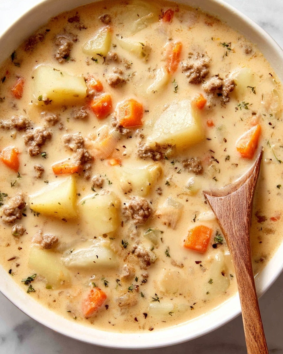 A close-up view of a bowl filled with thick, creamy soup that has three main layers of ingredients: soft, pale yellow potato chunks scattered throughout, small orange carrot pieces, and browned ground meat bits. The soup base is a smooth, light beige color with a slightly glossy texture, speckled with tiny herbs and black pepper. A wooden spoon is partially submerged on the right side, resting inside the white bowl, which sits on a white marbled surface. Photo taken with an iphone --ar 4:5 --v 7