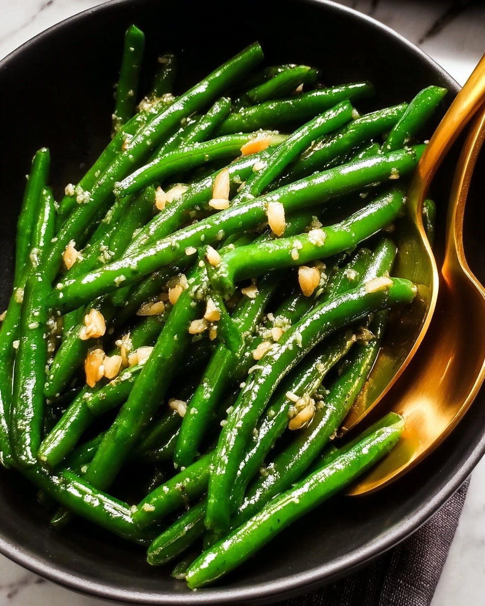 A close-up view of a dish with bright green cooked green beans as the main layer, glistening with oil, evenly coated with small pieces of golden brown crispy garlic scattered on top. The green beans are placed in a shiny black bowl with a thin gold rim, showing the glossy texture of the vegetables. A gold spoon is seen behind the beans, resting inside the bowl, all set against a white marbled texture background. photo taken with an iphone --ar 4:5 --v 7