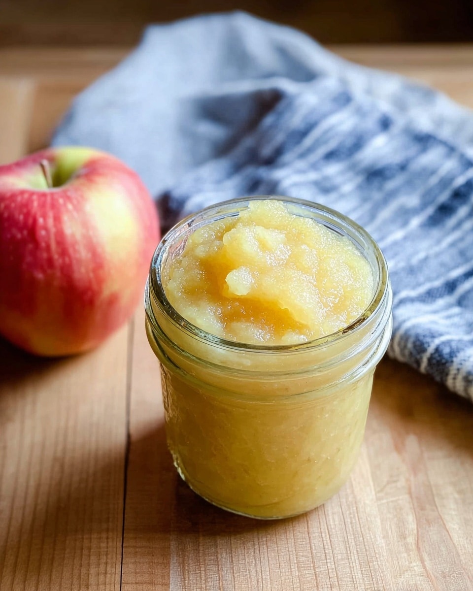 A clear glass jar filled to the top with pale yellow, chunky applesauce, showing a slightly uneven texture with tiny bits of apple and some glossy areas. To the left of the jar sits a whole apple with red and green patches. On the right side, there is a folded gray cloth with white stripes placed on a white marbled texture. The background surface is light wood with subtle grain patterns. Photo taken with an iphone --ar 4:5 --v 7