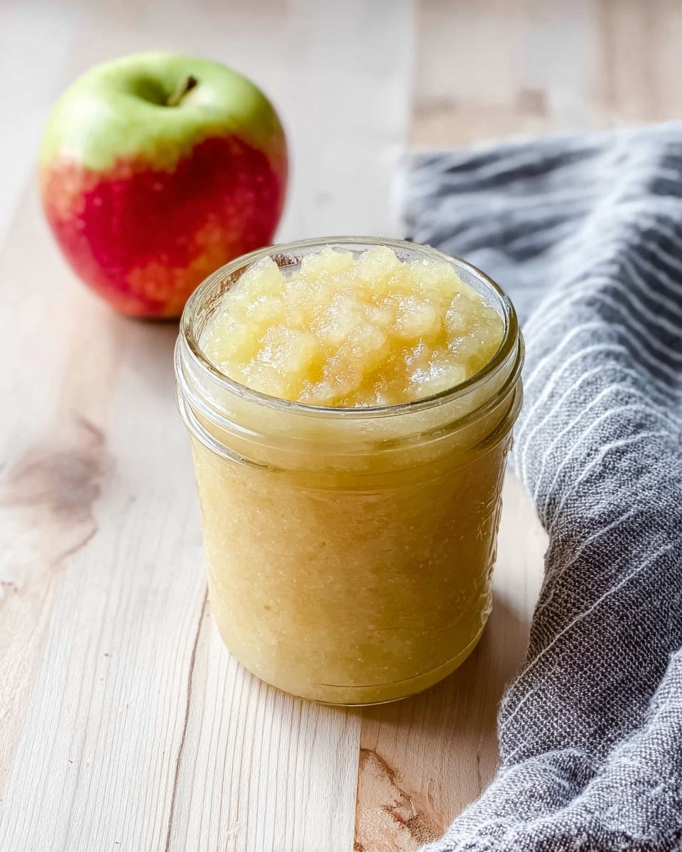 A close-up view of a small glass jar filled with light yellow chunky applesauce, showing a slightly uneven texture with small pieces and a glossy surface. The jar is placed on a wooden table next to a red and yellow apple on the left and a blue-gray cloth with white stripes on the right. The background is a white marbled texture. photo taken with an iphone --ar 4:5 --v 7