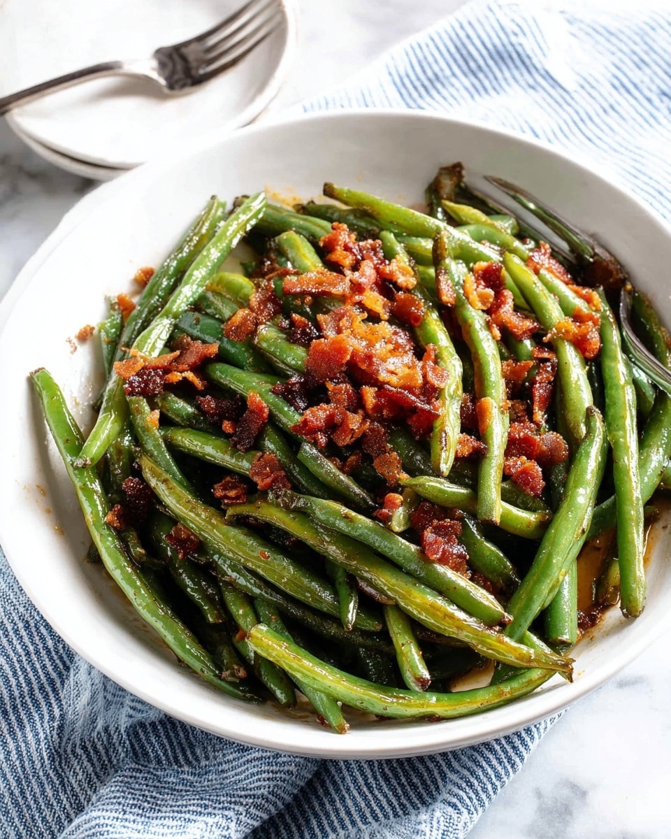 A white bowl filled with a large pile of cooked green beans, showing a glossy texture with some charred spots. On top of the green beans are scattered crispy brown bits of bacon adding a crumbly texture and reddish-brown color contrast. The bowl sits on a soft blue and white striped cloth on a white marbled surface. To the side, a small white plate with a fork resting on it is partially visible. photo taken with an iphone --ar 4:5 --v 7