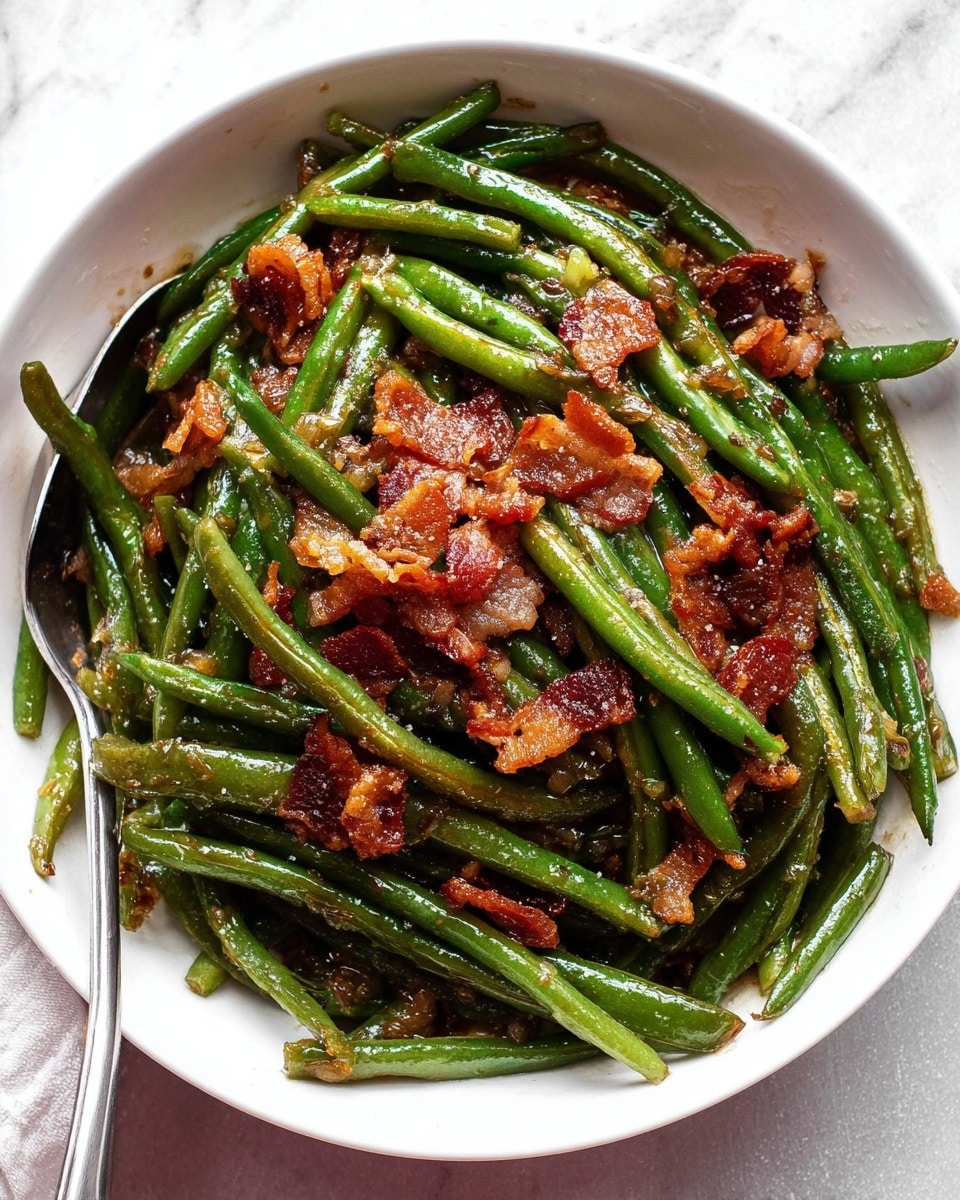 A white bowl filled with cooked green beans, each bean having a shiny, slightly wrinkled texture. On top and mixed in are crispy, broken pieces of browned bacon that add a rich red-brown color contrast. The dish has a light coating of oil or sauce that gives it a glistening appearance, with some small bits of salt sprinkled around. The bowl sits on a white marbled surface, and a metal spoon is partially visible on the left side of the bowl. Photo taken with an iphone --ar 4:5 --v 7