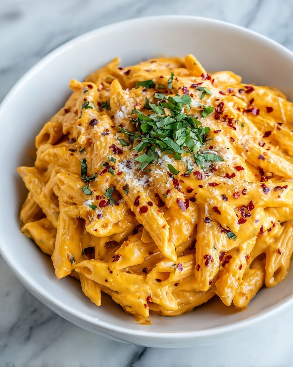 A close-up view of a white bowl filled with creamy orange mac and cheese. The dish is made with penne pasta, fully coated in a smooth, thick cheese sauce with a rich, shiny texture. The top is sprinkled with small pieces of red chili flakes and tiny green dried herbs scattered evenly, adding color contrast. The pasta pieces are layered naturally, with some piled on top of others, showing the creamy sauce clinging to each piece. The background is a white marbled texture, and the photo has a soft, natural light that highlights the creamy surface of the dish. Photo taken with an iphone --ar 4:5 --v 7