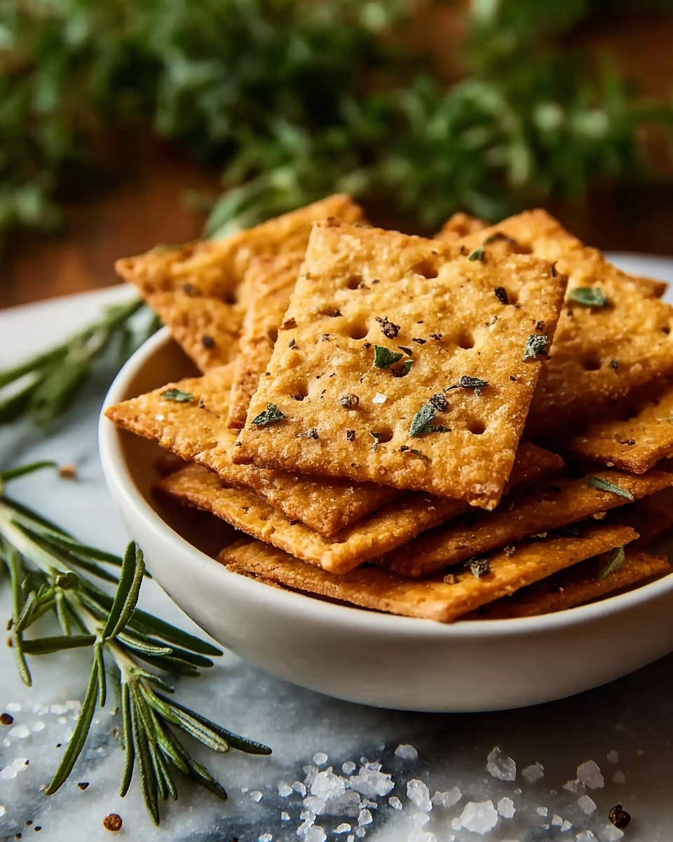 A white bowl holds a stack of crispy square crackers, each cracker golden brown with a slightly rough texture and small holes. On the top, the crackers are sprinkled with black pepper and tiny green herb bits. Around the bowl, there are coarse salt crystals scattered on a white marbled surface, with fresh green rosemary sprigs nearby, adding a natural touch to the scene. The background is softly blurred green foliage, enhancing the earthy and fresh feeling, photo taken with an iphone --ar 4:5 --v 7