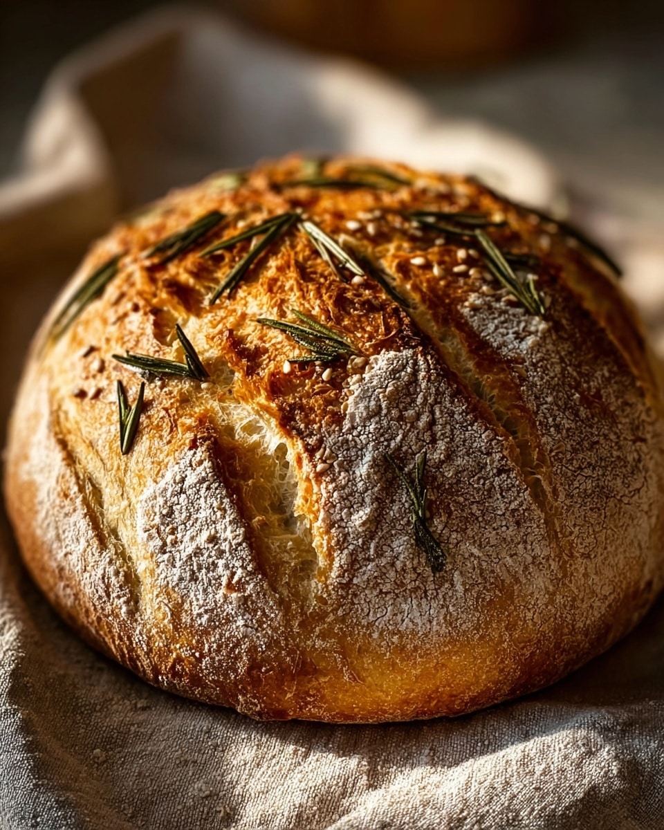 A round loaf of bread with a golden-brown crust sits on a white marbled surface, showing deep cracks and slashes on top filled with fresh rosemary sprigs. The texture is crisp and slightly shiny, with a rough, crunchy surface and a soft, airy inside visible around the edges. The bread looks rustic and freshly baked, with scattered herbs adding green color contrast. photo taken with an iphone --ar 4:5 --v 7