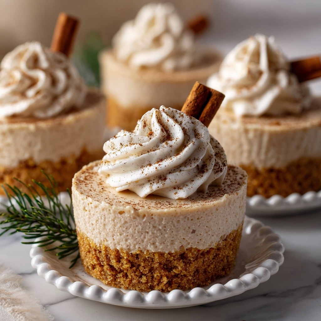 The image shows small no-bake cheesecakes with two main layers sitting on a white marbled surface. The bottom layer is a golden brown crumbly crust, and the top layer is a light tan smooth cheesecake filling with specks of spices. Each cheesecake is topped with a swirl of white whipped cream sprinkled lightly with cinnamon or cocoa powder. A small brown cinnamon stick and a small green pine-like sprig are placed beside the whipped cream on each cake. The cheesecakes are displayed on delicate white plates with a beaded edge, giving a cozy holiday feel. Photo taken with an iphone --ar 4:5 --v 7