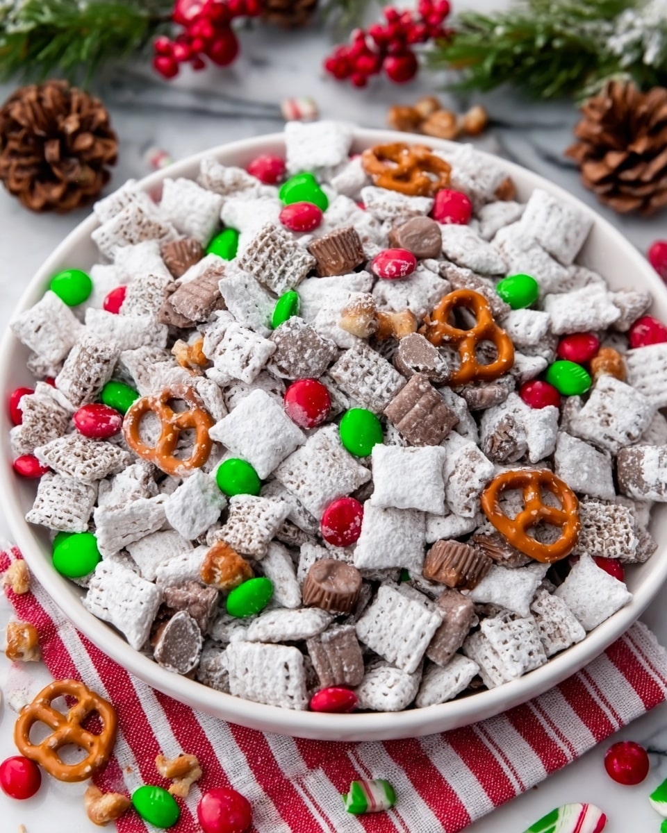 A white round plate filled with a mix of small square cereal pieces coated in white powdered sugar, scattered evenly across the plate. Mixed in are small green and red candy-coated chocolate pieces, orange pretzels, and small brown peanut butter cup candies. The plate sits on a white marbled surface with a red and white striped cloth partially visible underneath. Some holiday decorations like pine cones and green pine branches are blurred in the background. Photo taken with an iphone --ar 4:5 --v 7