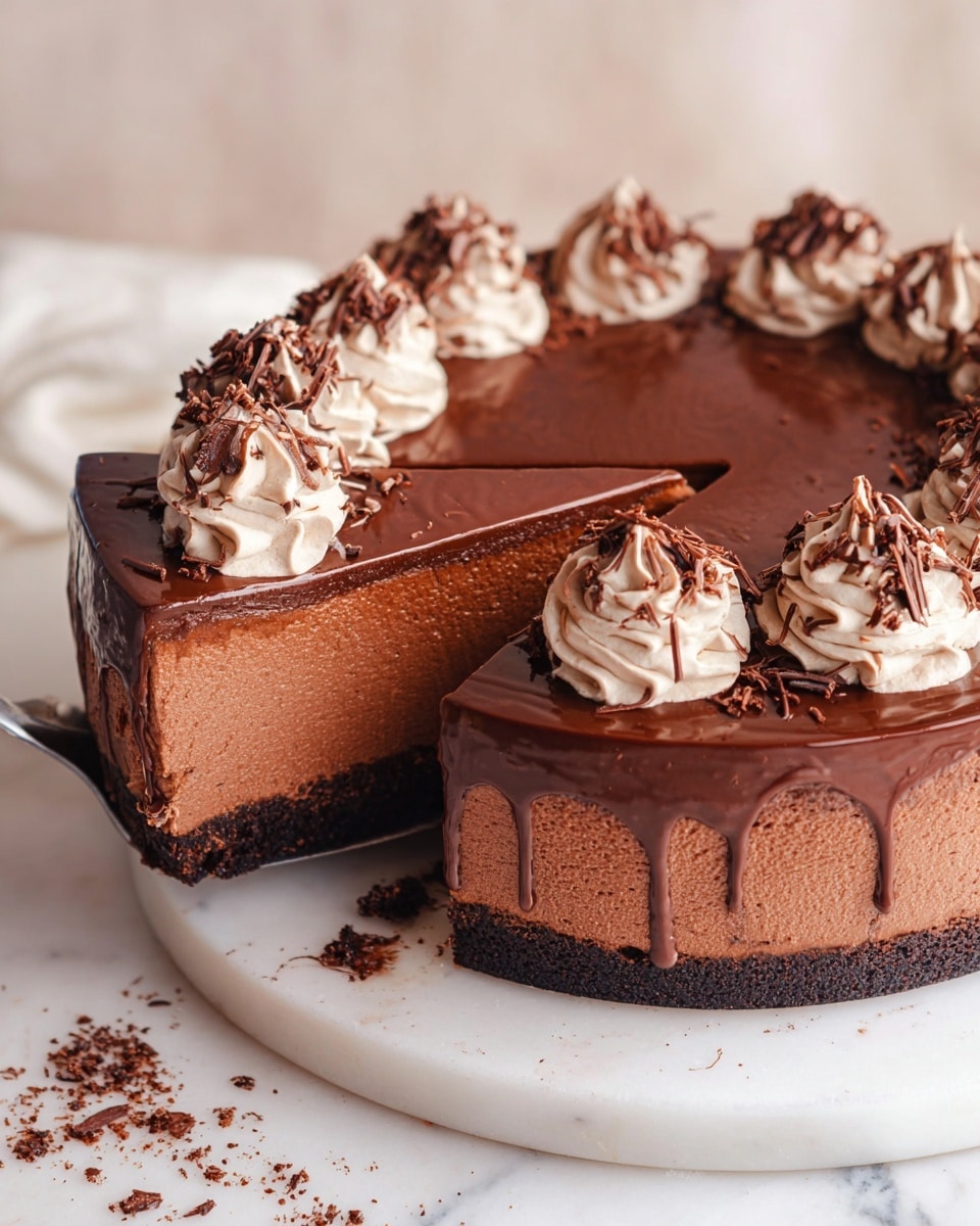 This image shows a rich chocolate cake with three clear layers: a dark, crumbly crust at the bottom, a thick and smooth chocolate mousse middle, and a shiny chocolate glaze on top that drips slightly down the sides. Around the edge of the cake are evenly spaced swirls of light chocolate whipped cream, each topped with fine chocolate shavings. A slice is being lifted from the cake, clearly showing the cake's creamy texture and neat layers. The cake sits on a white plate with some chocolate crumbs scattered on the plate and a white marbled surface underneath. Photo taken with an iphone --ar 4:5 --v 7