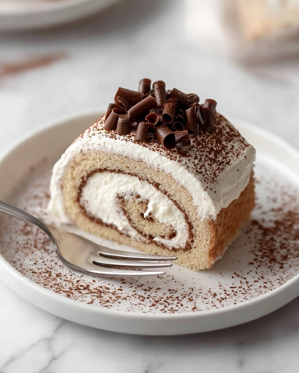 A slice of rolled cake rests on a white plate over a white marbled surface, showing three visible layers: a light brown soft sponge cake spiraled with creamy white filling, topped with a smooth white cream layer dusted with fine cocoa powder. On top sits a small decorative cluster of dark brown chocolate curls. A silver fork is holding part of the outer cream layer near the right side of the slice. Cocoa powder is lightly scattered on the plate around the cake. photo taken with an iphone --ar 4:5 --v 7