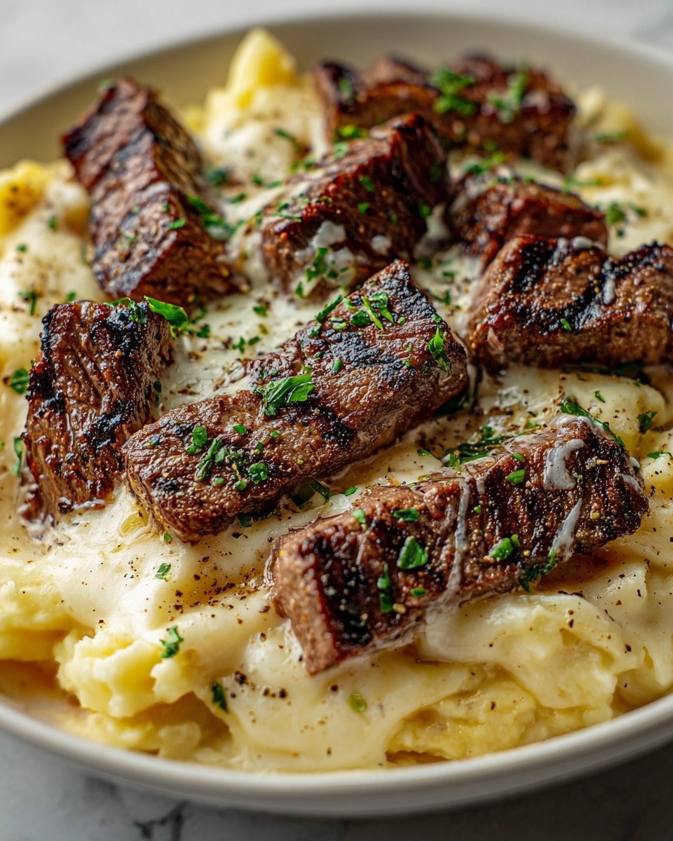 The image shows a close-up of a dish with three main layers. The bottom layer is cooked penne pasta that looks creamy and light yellow, with a smooth texture. On top of the pasta, there are several pieces of grilled steak, each showing dark brown grill marks and looking juicy with a slightly shiny surface. The steaks are sprinkled with chopped green parsley, adding a touch of color. Some pieces of steak also have melted creamy white cheese on them, slightly browned on top. The dish is on a white plate, and the background has a white marbled texture. Photo taken with an iphone --ar 4:5 --v 7