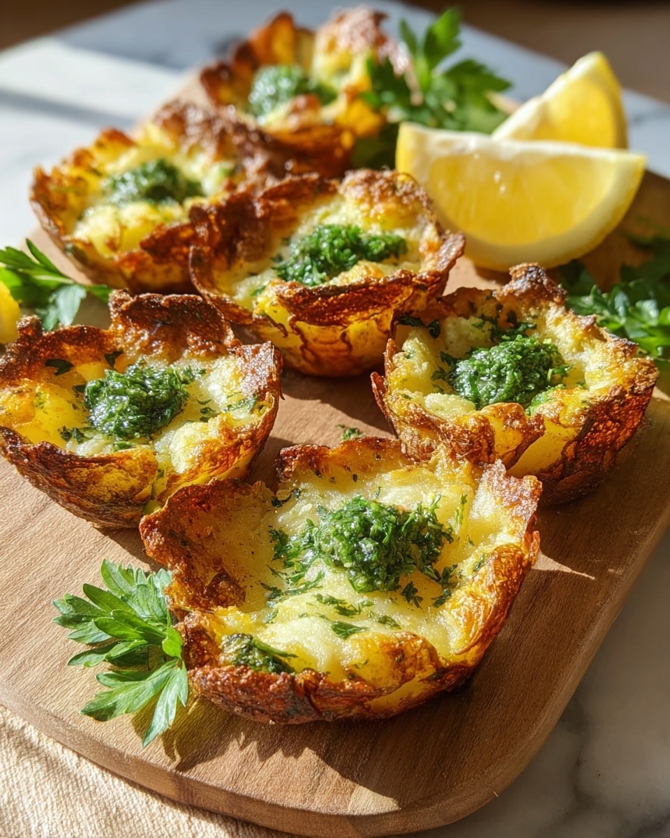 A wooden board holds eight crispy golden potato cups with edges browned to a crunchy texture. Each cup has a green herb sauce dolloped in the center, with small fresh parsley leaves on top. In the background, two lemon wedges and green parsley sprigs add bright color. The whole scene is set on a white marbled surface, with natural sunlight enhancing the warm tones of the potatoes and the fresh green herbs. Photo taken with an iphone --ar 4:5 --v 7