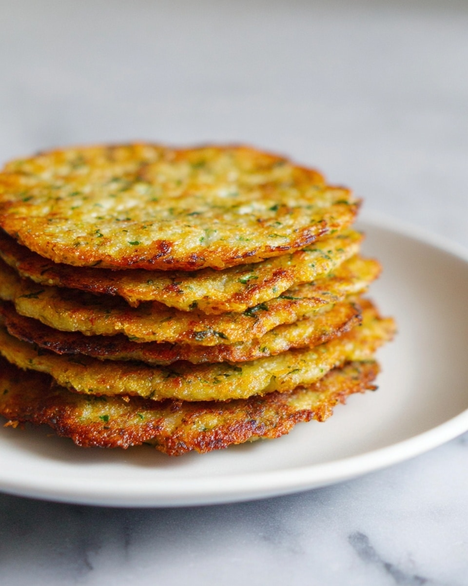 A stack of six round, flat patties with a crispy, golden-brown exterior and visible small green herb bits throughout, each layer showing a slightly uneven texture and some browned spots from cooking; they rest neatly on a white plate, placed on a surface with a white marbled texture. photo taken with an iphone --ar 4:5 --v 7