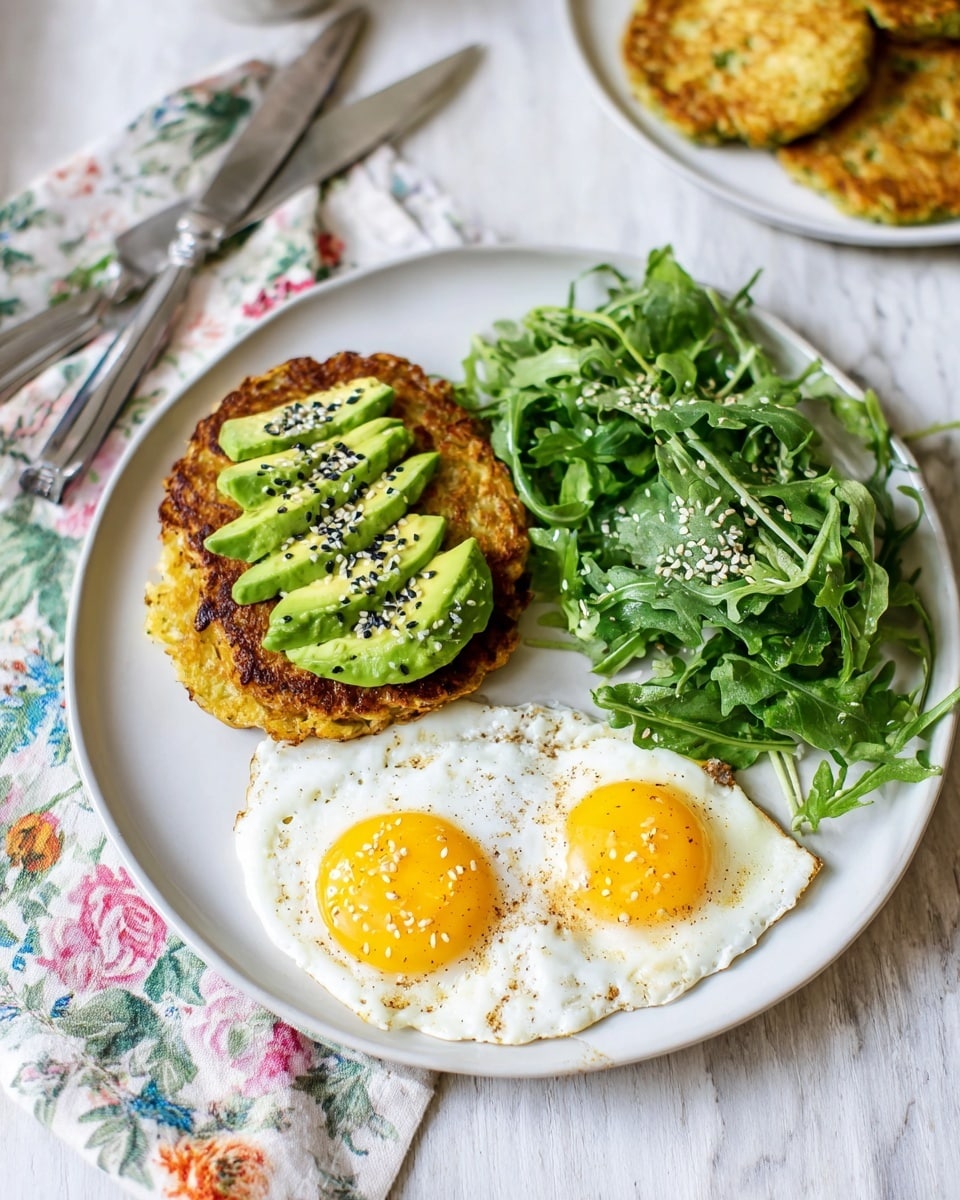 A white plate shows a breakfast with three main parts: on the left, two golden brown fritters stacked with the top one spread with mashed avocado and three sliced avocado pieces neatly placed on top sprinkled with black and white sesame seeds; on the right side, a fresh pile of bright green arugula leaves with some sesame seeds on them; at the bottom of the plate, two sunny-side-up eggs with bright yellow yolks and white edges sprinkled with seasoning. The plate sits on a white marbled surface, beside a fork and a knife on a floral cloth, with another white plate of fritters in the background. Photo taken with an iphone --ar 4:5 --v 7