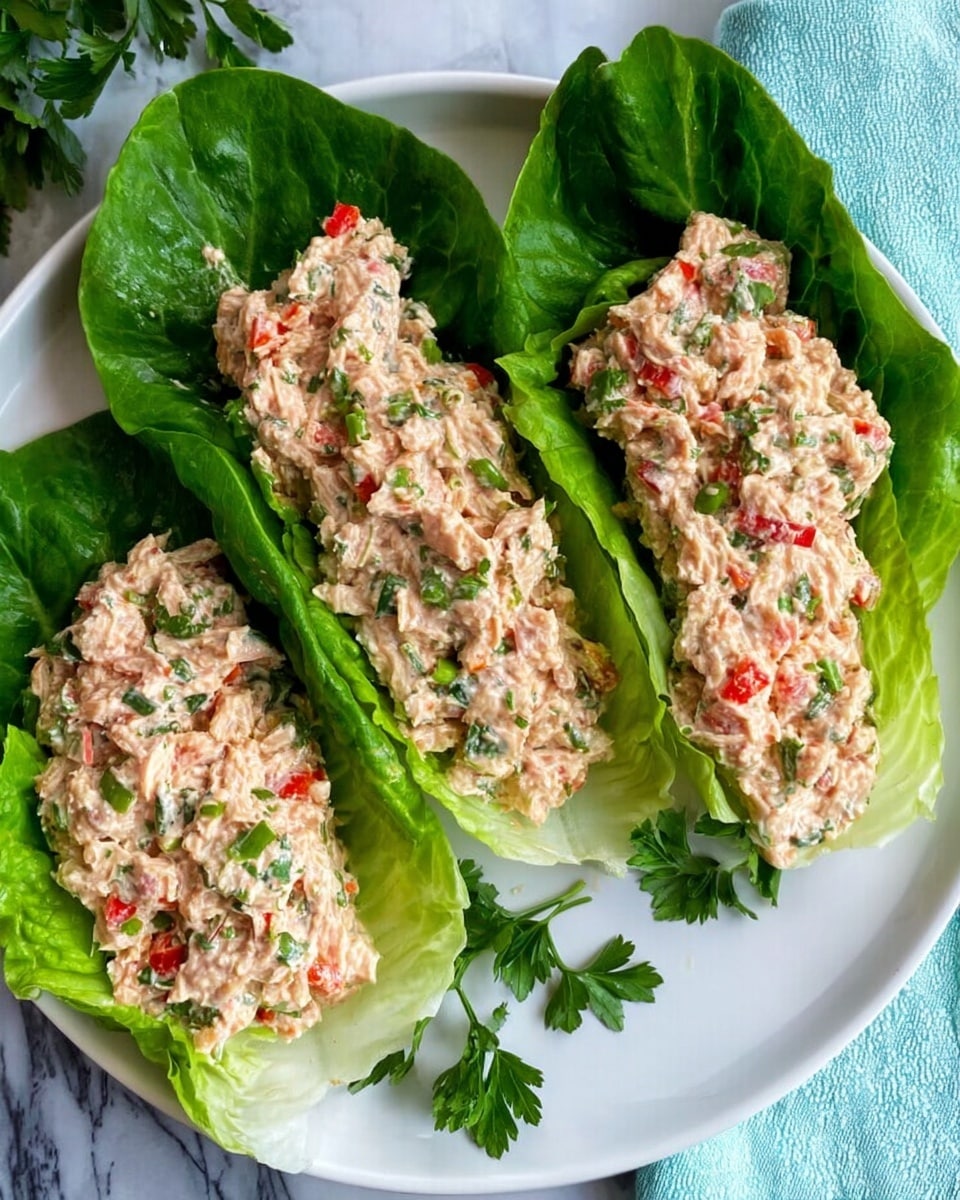 Three bright green romaine lettuce leaves lie side by side on a white plate, each filled with a creamy, chunky mixture that has a light beige color with visible small bits of red and green, suggesting chopped herbs and peppers. The filling is spread evenly in each leaf, topped with small sprigs of fresh green parsley. The plate sits on a white marbled surface, and a turquoise cloth is partially visible in the background. Photo taken with an iphone --ar 4:5 --v 7