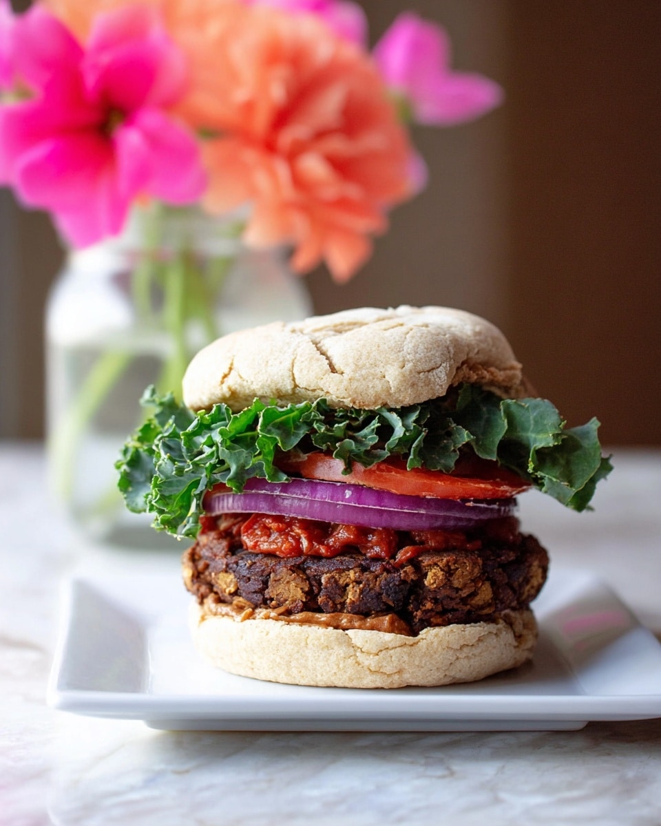 A thick sandwich sits in the center of a white square plate on a white marbled surface. The sandwich has five layers: a round, light beige top bun with a rough texture, a leaf of bright green kale with ruffled edges underneath, a spread of red sauce just below the kale, thinly sliced red tomato and purple onion stacked together below the sauce, a thick, dark brown patty with a coarse texture beneath the vegetables, and a round, light beige bottom bun similar to the top bun. In the blurred background, there is a glass jar holding bright pink and coral flowers. photo taken with an iphone --ar 4:5 --v 7