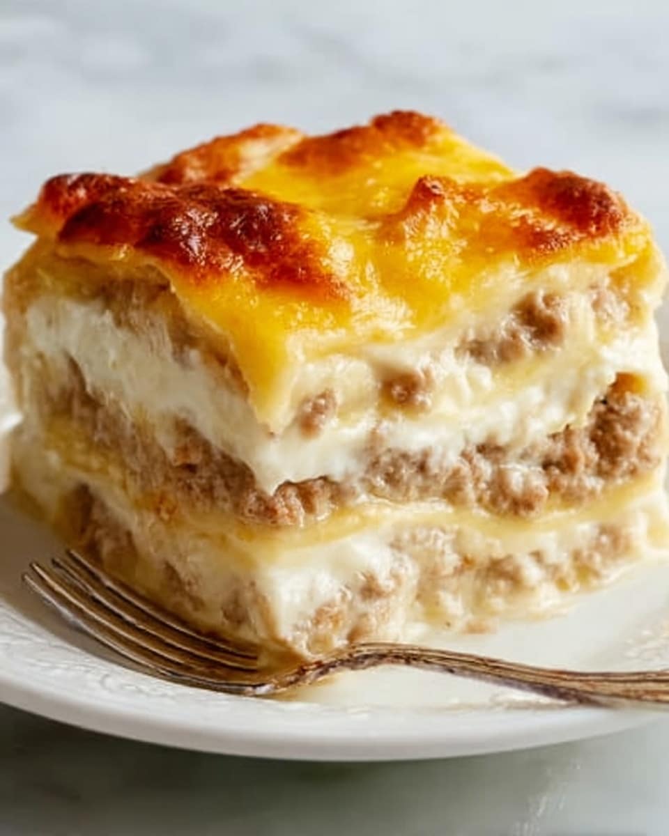 A close-up view of a thick slice of lasagna on a white plate, showing its many layers clearly. The bottom layer is creamy white cheese sauce, followed by a textured layer of cooked ground meat in light brown color. Above this is another layer of white cheese sauce, topped with a bright golden-yellow layer of melted cheese that looks bubbly and slightly browned in spots. The edges of the slice have a soft, slightly browned crust. A silver fork rests near the lasagna piece on the plate. The background is a white marbled texture. Photo taken with an iphone --ar 4:5 --v 7