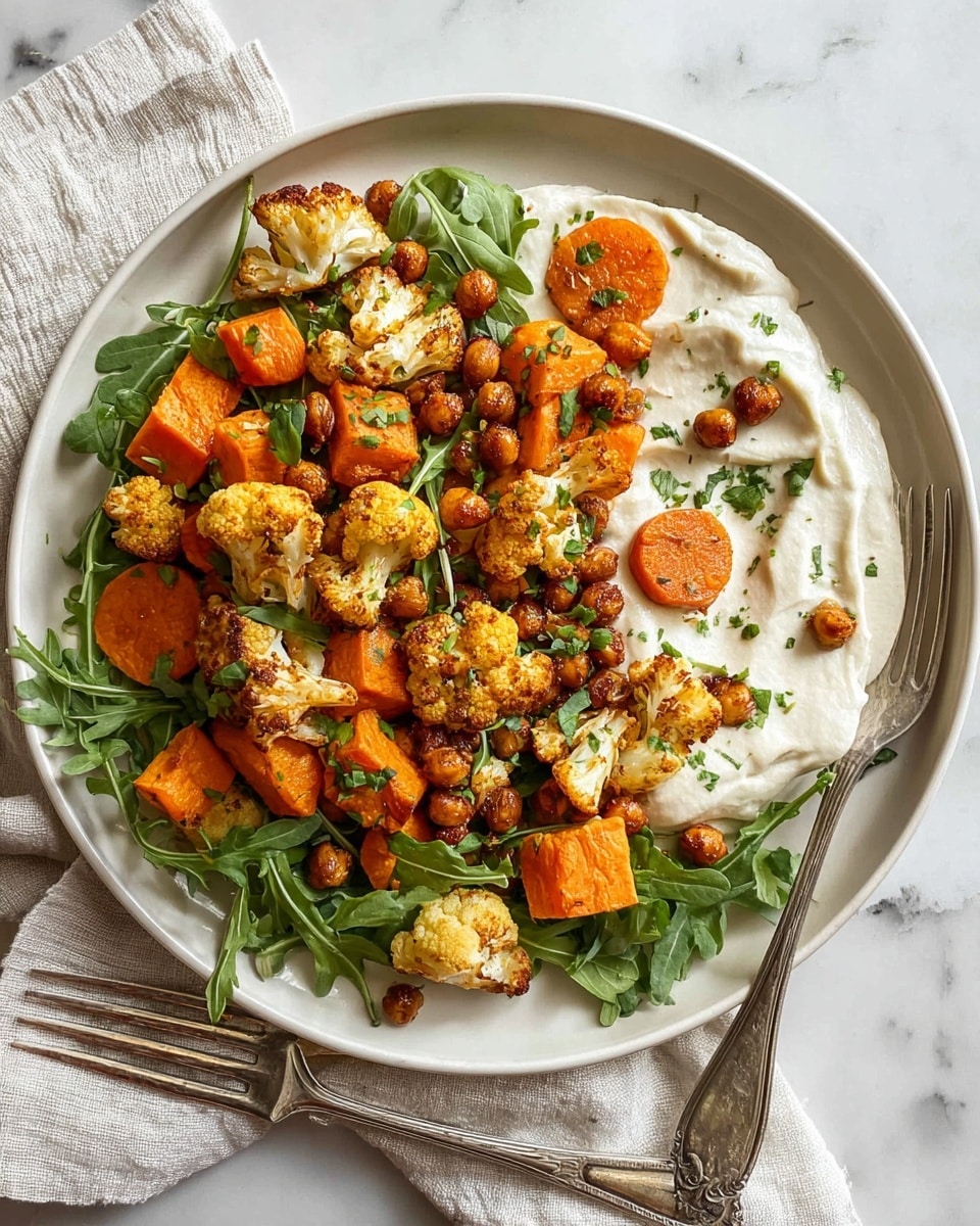 The dish is presented on a white plate with a swirl of creamy white sauce as the base layer, creating a smooth, thick texture. On top of this layer, there is a scattering of fresh, dark green arugula leaves that add a leafy texture and a pop of green color. The main ingredients are roasted chunks of bright orange sweet potatoes, golden-brown crispy chickpeas, and lightly browned roasted cauliflower pieces with a slightly charred surface. These ingredients are mixed together and sprinkled with finely chopped green herbs, making the dish look fresh and colorful. The setting includes a white marbled surface, a light beige cloth in the background, and a gold fork placed nearby. photo taken with an iphone --ar 4:5 --v 7