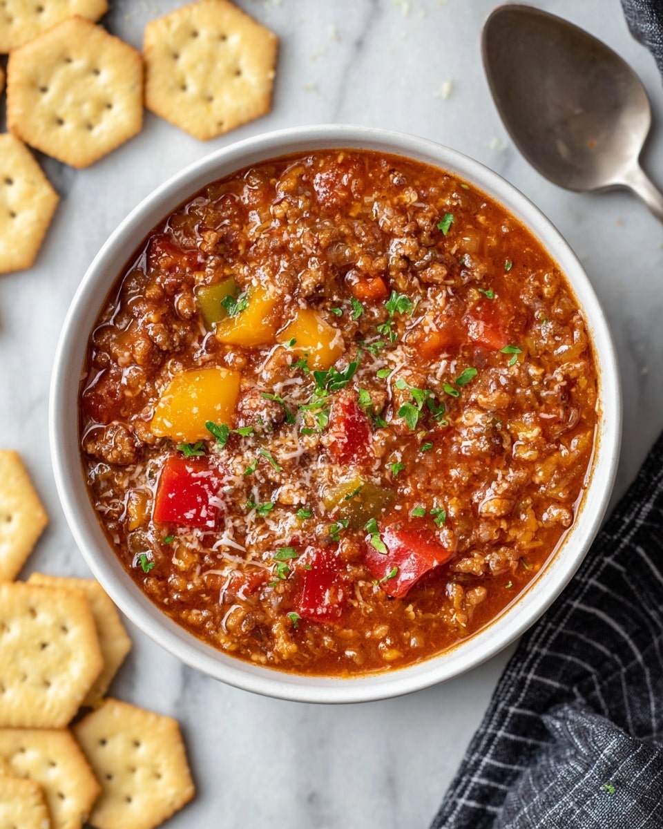 A white bowl filled with a thick stew-like dish showing three main layers: a rich reddish-brown sauce base with a slightly glossy texture, mixed with visible grains of rice and pieces of ground meat; scattered bright red and yellow bell pepper chunks add pops of color throughout the dish; it is sprinkled with small light flecks of grated cheese and finely chopped green herbs on top. The bowl sits on a white marbled surface, with some hexagonal crackers placed around it, and part of a metallic spoon and a black-and-white striped cloth are visible nearby. photo taken with an iphone --ar 4:5 --v 7