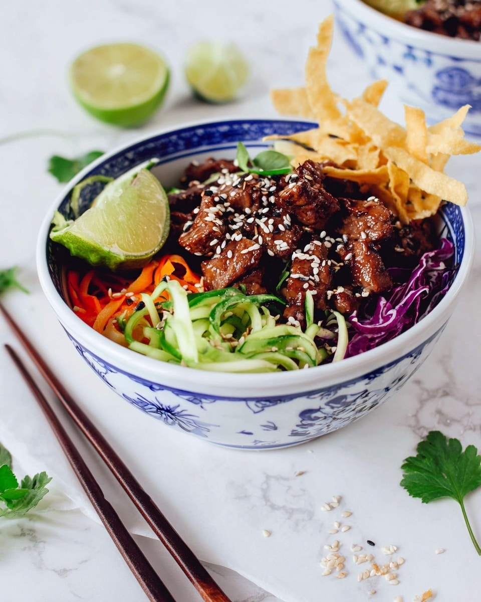 A white bowl with blue floral patterns holds a colorful bowl dish with several layers. The bottom layer is a mix of shredded green, purple, and orange vegetables adding a fresh feel. On top of this is a pile of dark brown cooked meat pieces sprinkled with white and black sesame seeds. To the side, there are light yellow thin crispy strips and two lime wedges adding bright green and yellow colors. The bowl is placed on a white marbled surface with a pair of dark brown chopsticks in front and a few green herb leaves and sesame seeds scattered around. photo taken with an iphone --ar 4:5 --v 7